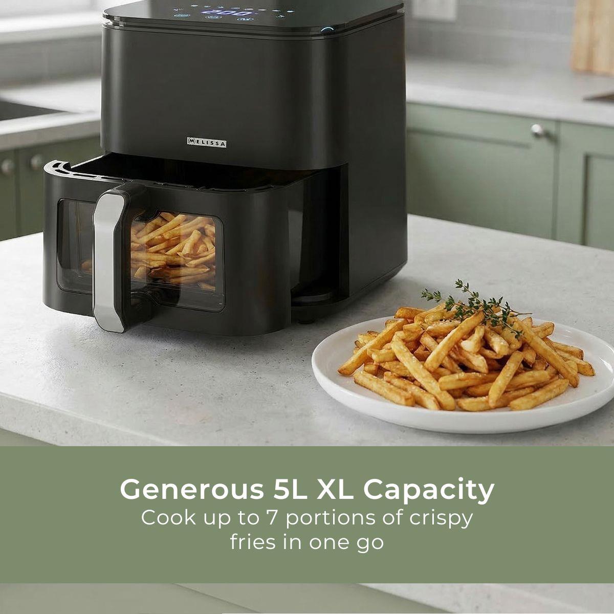 MELISSA Digital Hot Air Fryer XL | 5 l | 60-min Timer | 8 Presets | Viewing window | Black