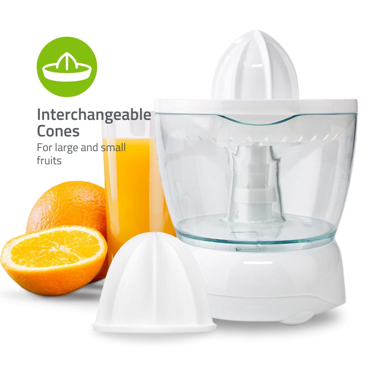Nedis 0.7L Electric Citrus Press Juicer Squeezer, 25W Motor, with Bi-Directional Twist, 2 x Interchangeable Cones, and Easy Pour Spout