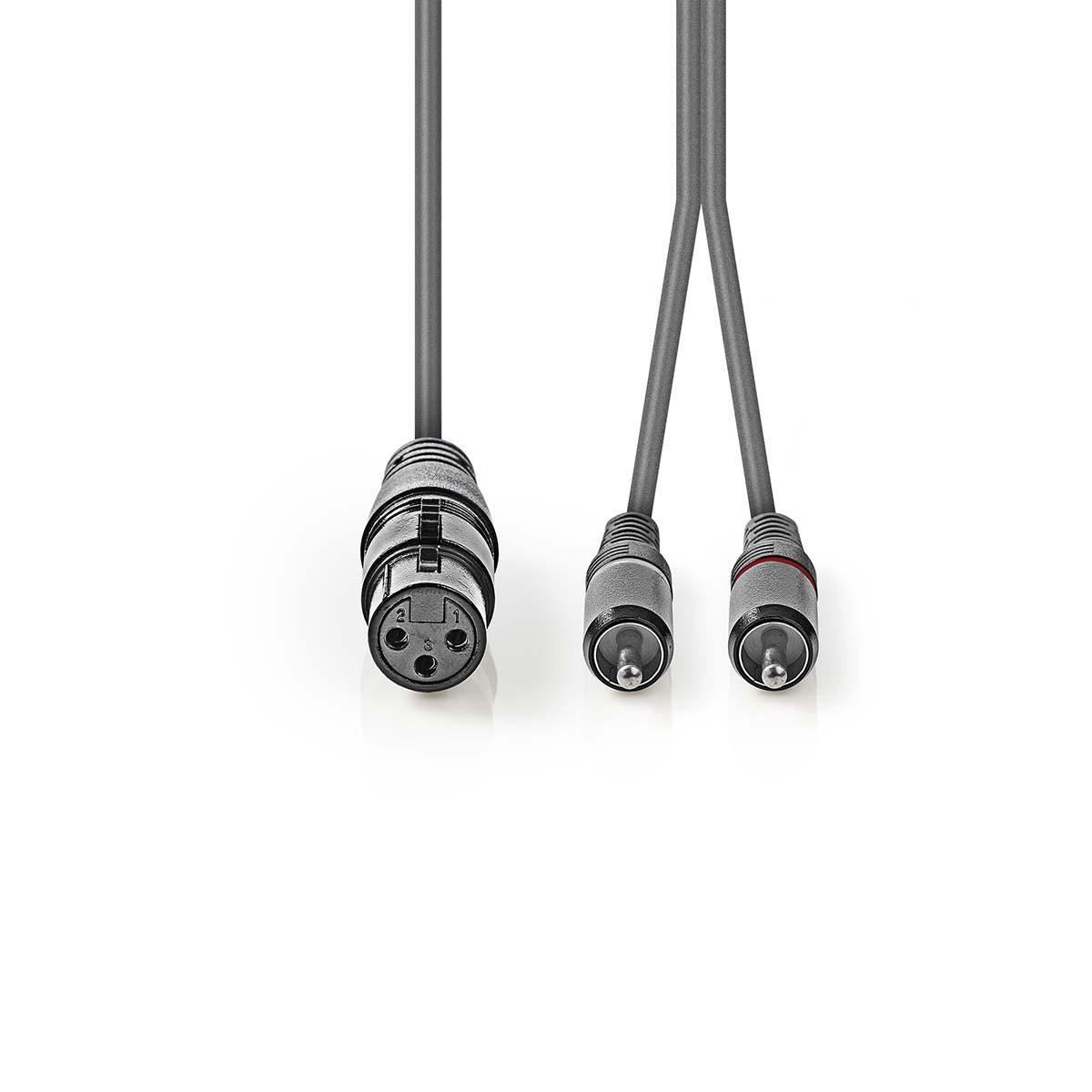 Nedis Balanced Audio Cable | XLR 3-Pin Female | 2x RCA Male | Nickel Plated | 3.00 m | Round | PVC | Dark Grey | Carton Sleeve