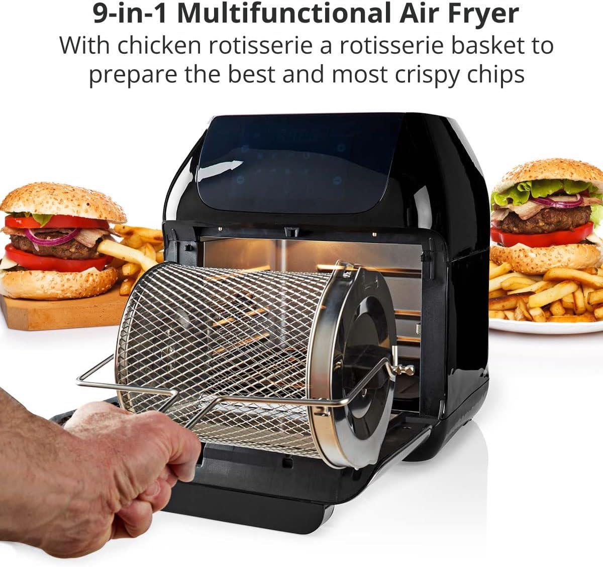 Nedis 12L Hot Air Fryer Mini Oven XXL Multifunctional 9-in-1 with Rotisserie, 9 Pre-Set Programmes, & Timer, 1500W
