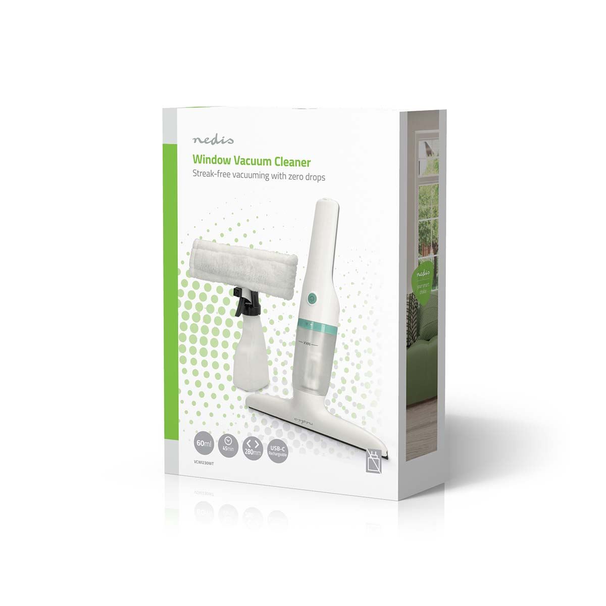 Nedis Window Vacuum Cleaner | 12 W | 1200 Pa | Capacity dirty water tank: 60 ml | Removable dirty water tank | Green / White