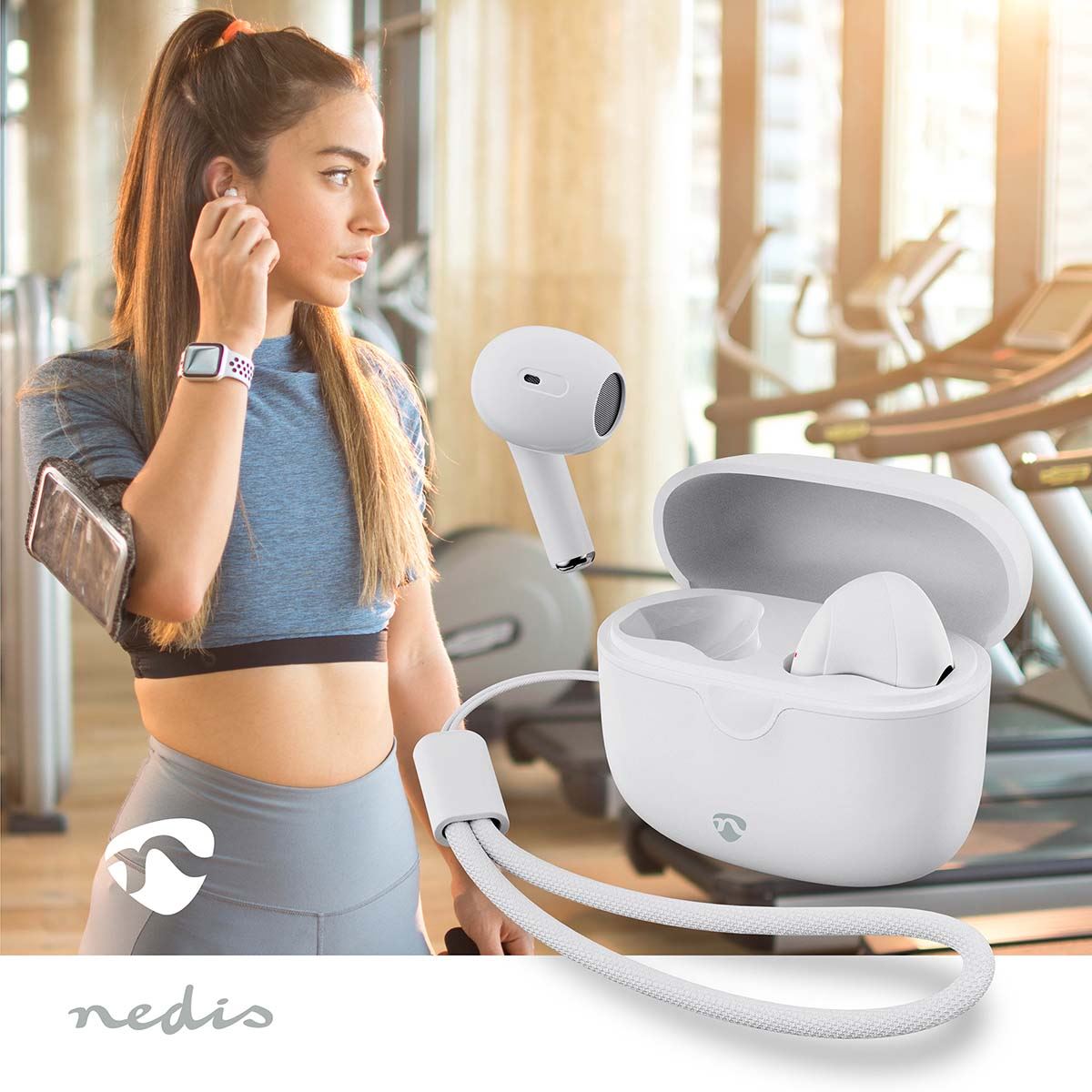 Nedis True Wireless Earphones, Bluetooth 5.3 with Touch Control, Built-In Mic, Instant Pairing, USB-C Charging Case, 16 Hrs Playtime, Compatible with Google Assistant - White