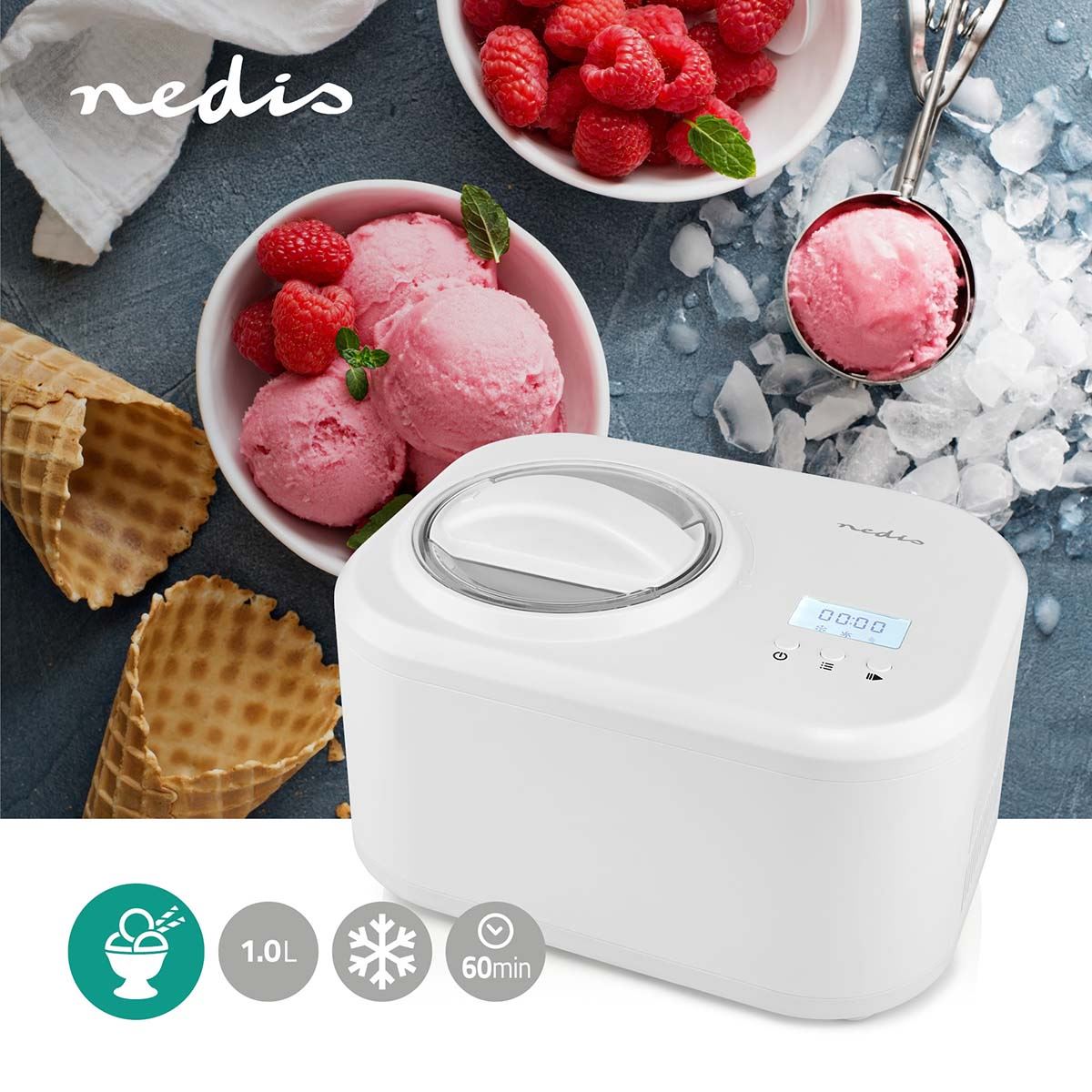 Nedis Fully Automated Digital Ice Cream Maker Machine 60 Minute No Pre Freezing 1L