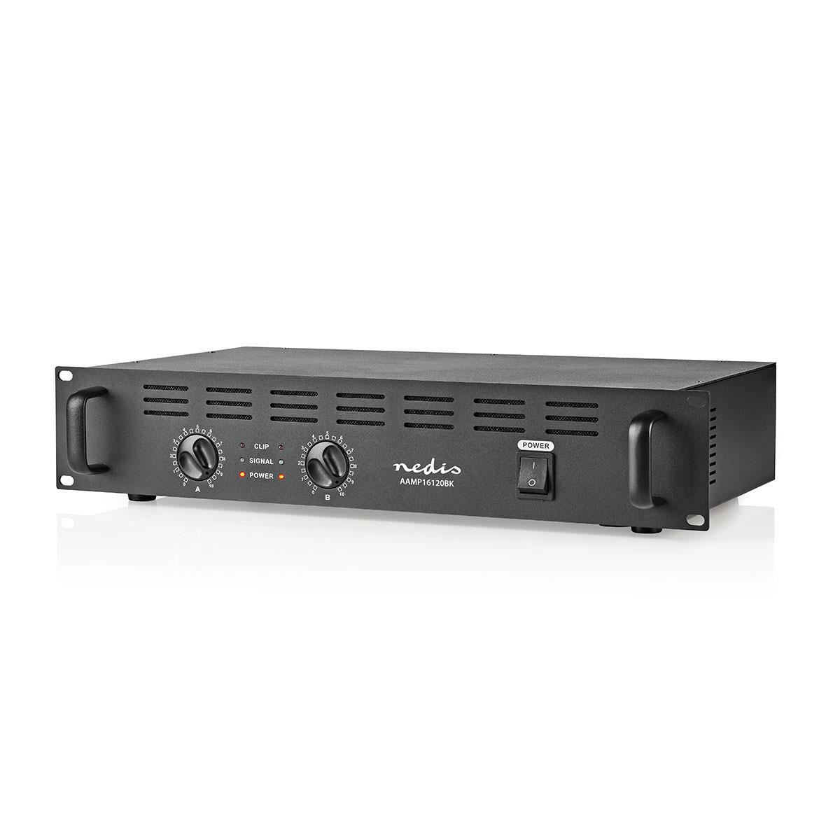 Nedis PA Amplifier, Semi-Professional 2x 150 W with Built-In Cooler, Peak Level Indicator, Fits 19"  Rack Cabinets, XLR, Lockable Speaker Connector & Binding Posts