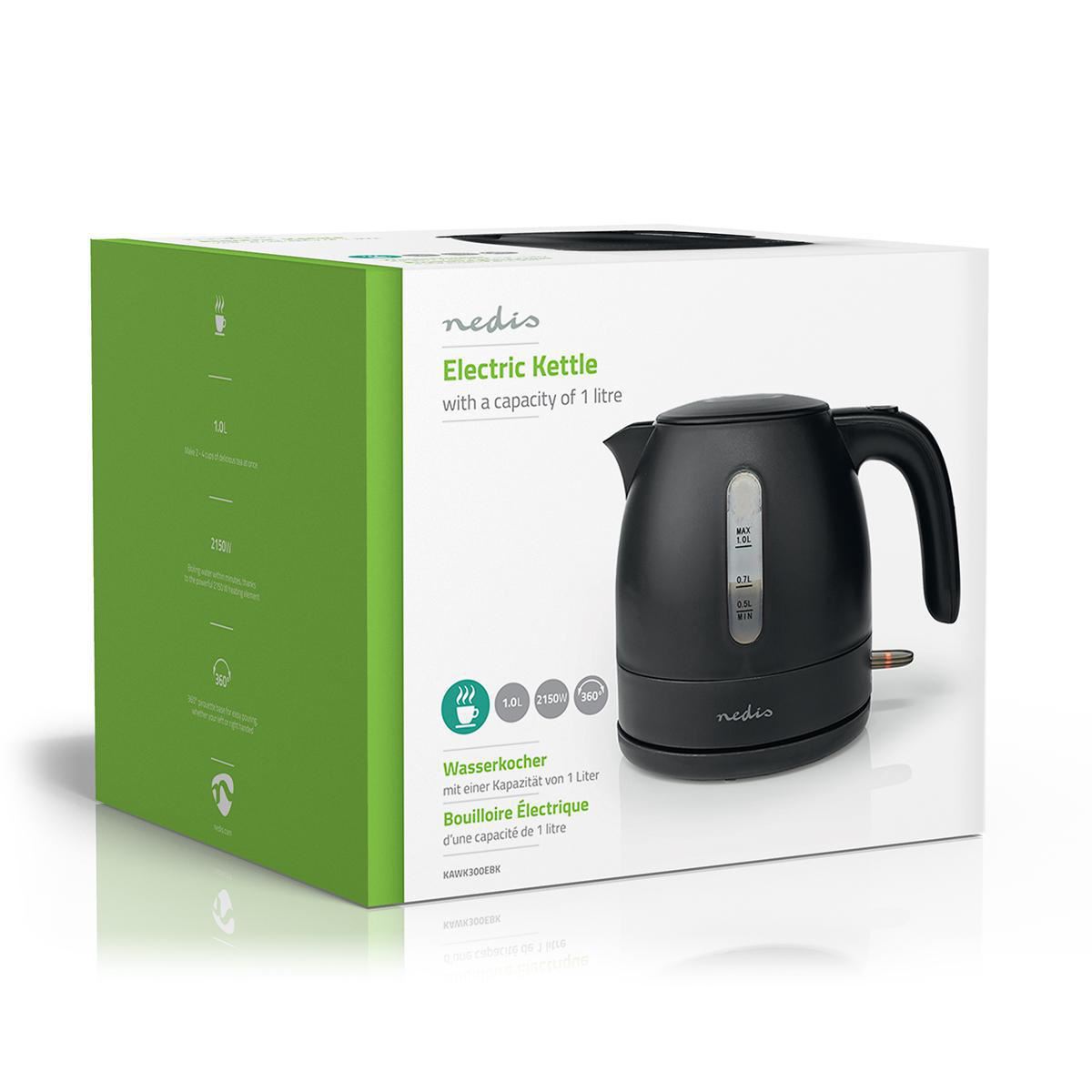Nedis Electric Kettle, 1.0L Capacity with Quick Boil Time, Boil-Dry Protection and Removable Filter for Fresher Water, 2150W - Black