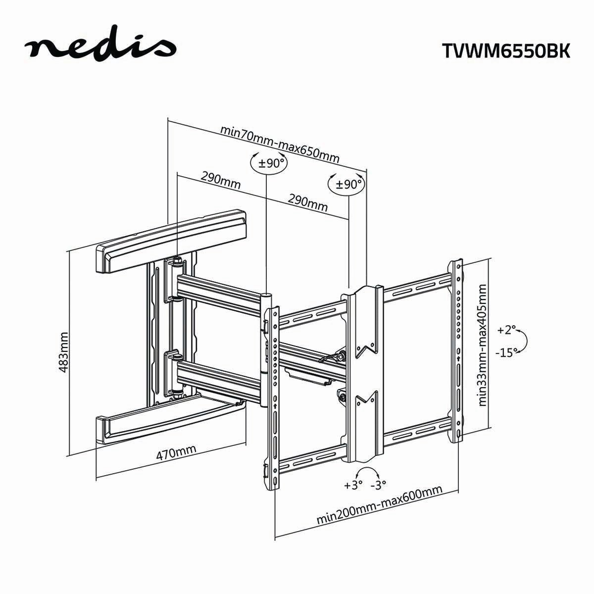 Nedis Full Motion TV Wall Mount | 37 - 80 " | Maximum supported screen weight: 50 kg | Tiltable | Rotatable | Minimum wall distance: 70 mm | Maximum wall distance: 650 mm | 3 Pivot point(s) | Steel | Black