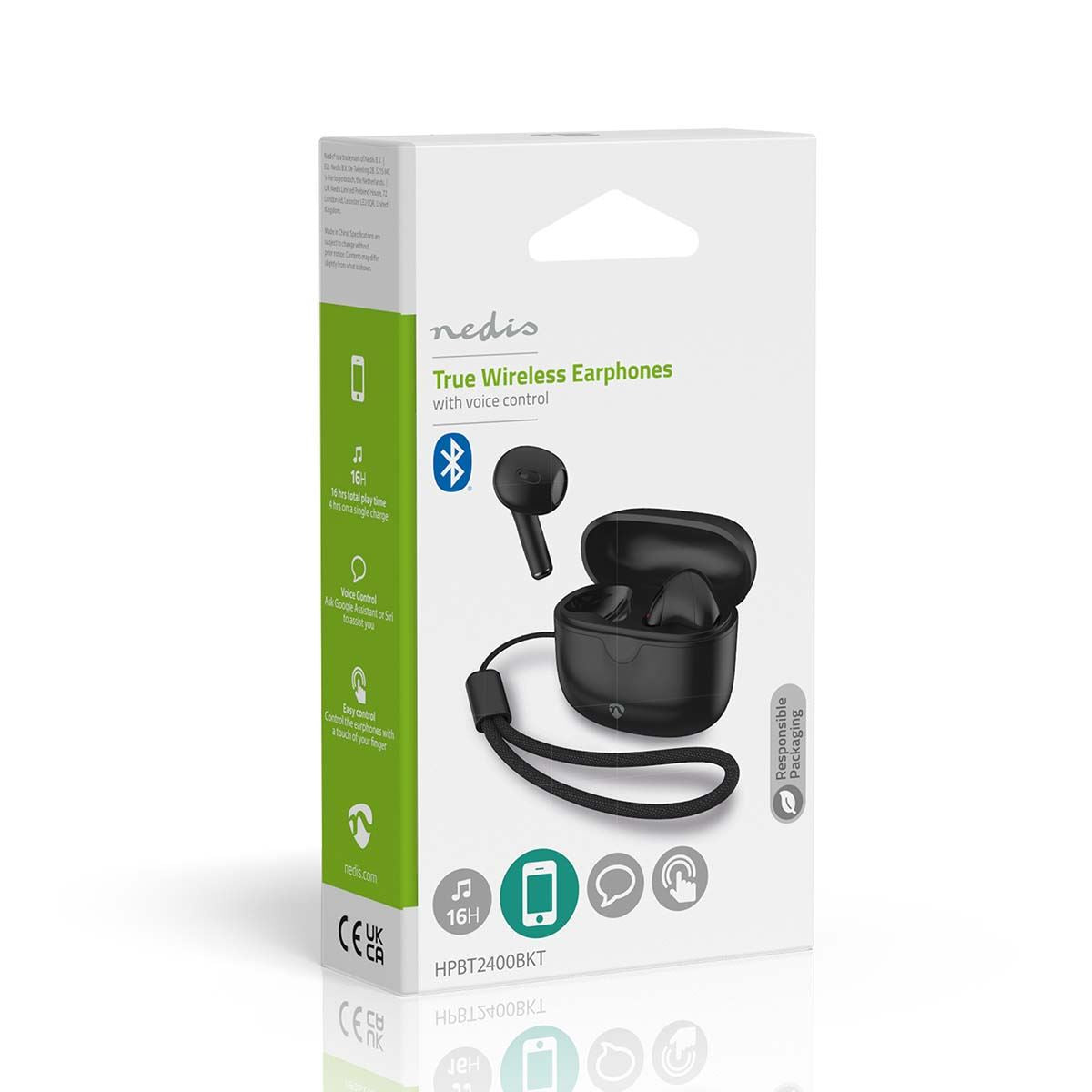 Nedis True Wireless Earphones, Bluetooth 5.3, Touch Control, USB-C Charging Case, 16H Playtime, In-Ear, Built-In Mic, Voice Control Compatible � Black