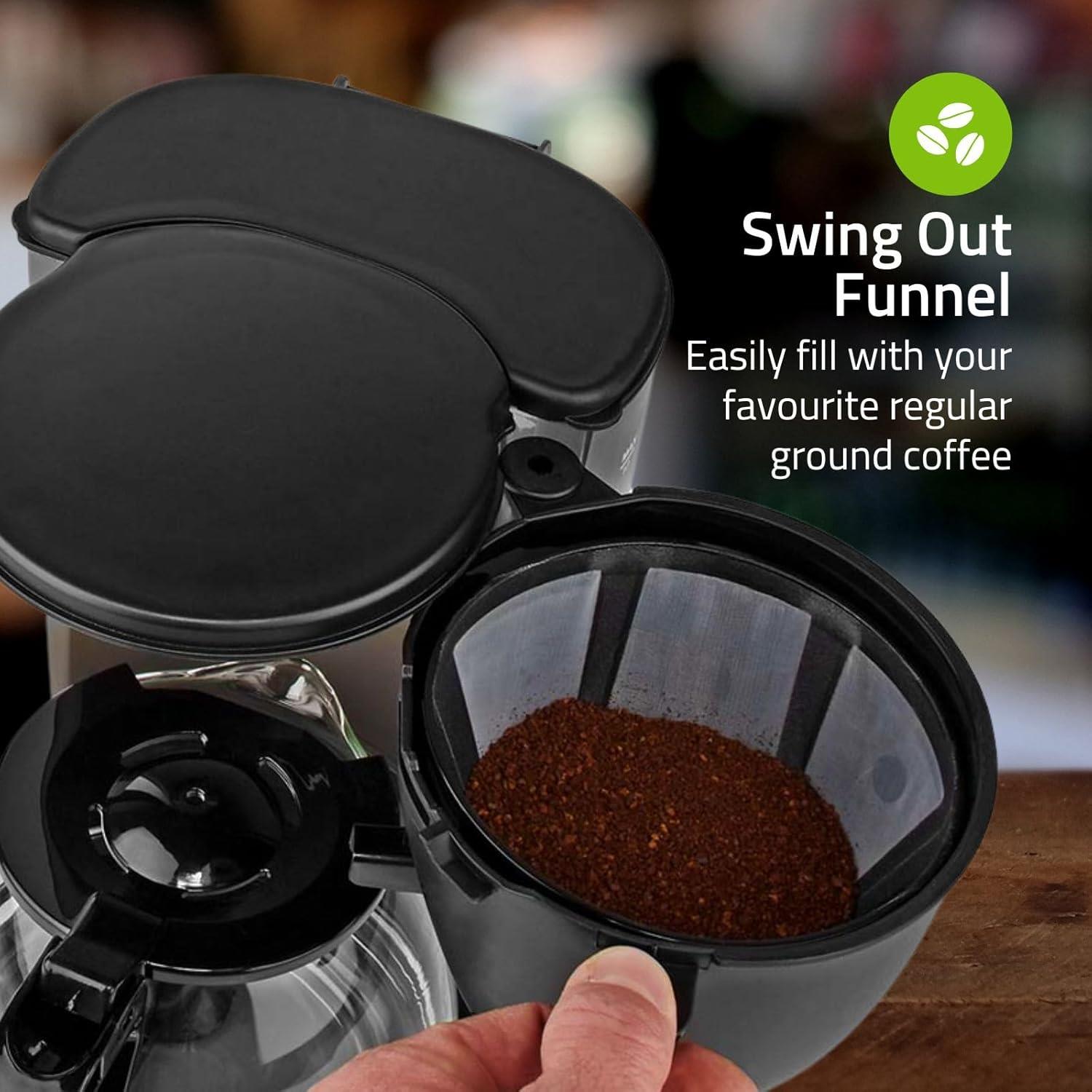 Nedis Coffee Maker 1.25L Easy to Use Keep Warm Function Nylon Reusable Filter - Black