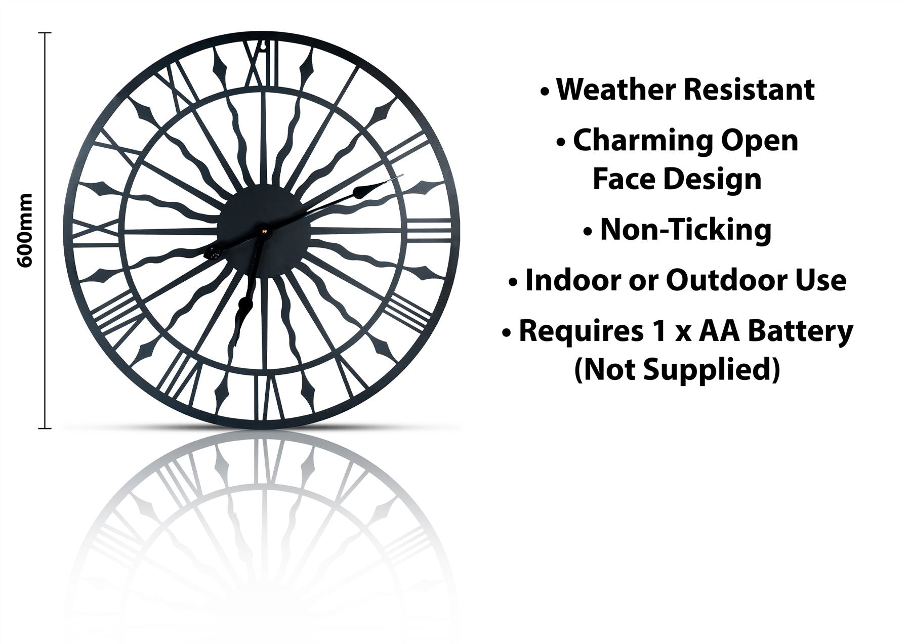 60cm 24" Large Stunning Outdoor Indoor Garden Decorative Clock Silent Running Black