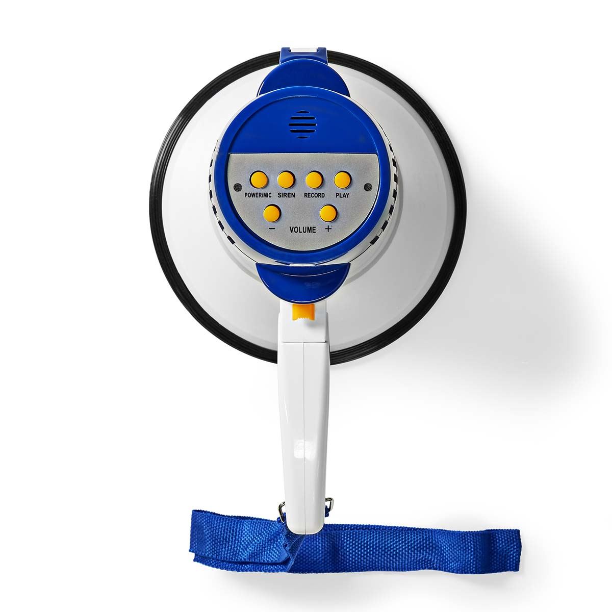 Nedis 10W Megaphone, 250m Range with Built-in Microphone, Siren, Adjustable Volume, Record Function - White & Blue