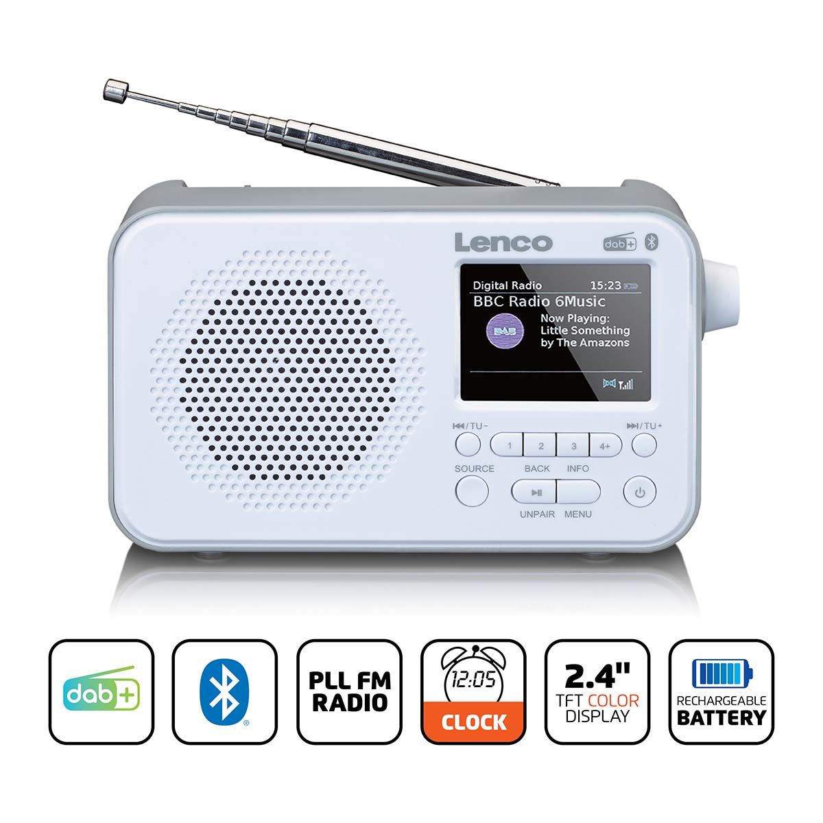 Lenco Portable DAB+ FM Radio with Bluetooth® Speaker | 2.4" TFT LCD Display | White