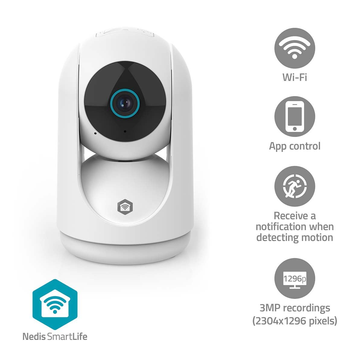 Nedis SmartLife Indoor Camera | 3MP Full HD 1296p | Pan tilt | Cloud Storage (optional) / microSD (not included) | With motion sensor | Night vision | White