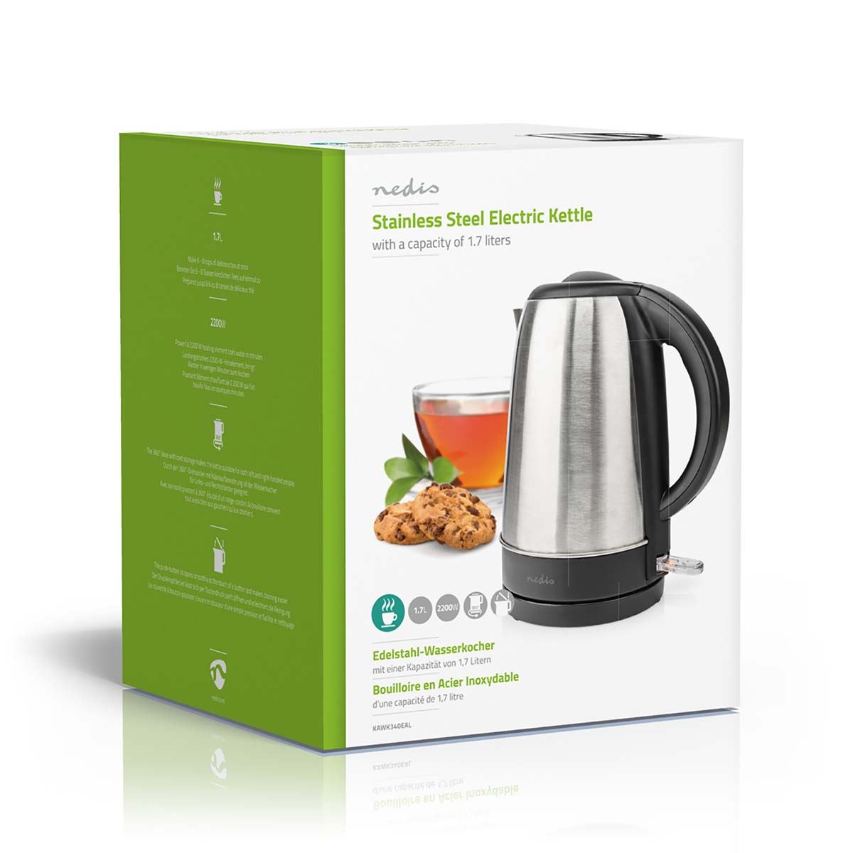 Nedis Electric Kettle, 1.7L, 2200W, Stainless Steel Jug with Quick Boil Time, Boil Dry Protection and Auto Shut Off, Cordless 360° Swivel Base, for Hot Water Tea or Coffee - Silver