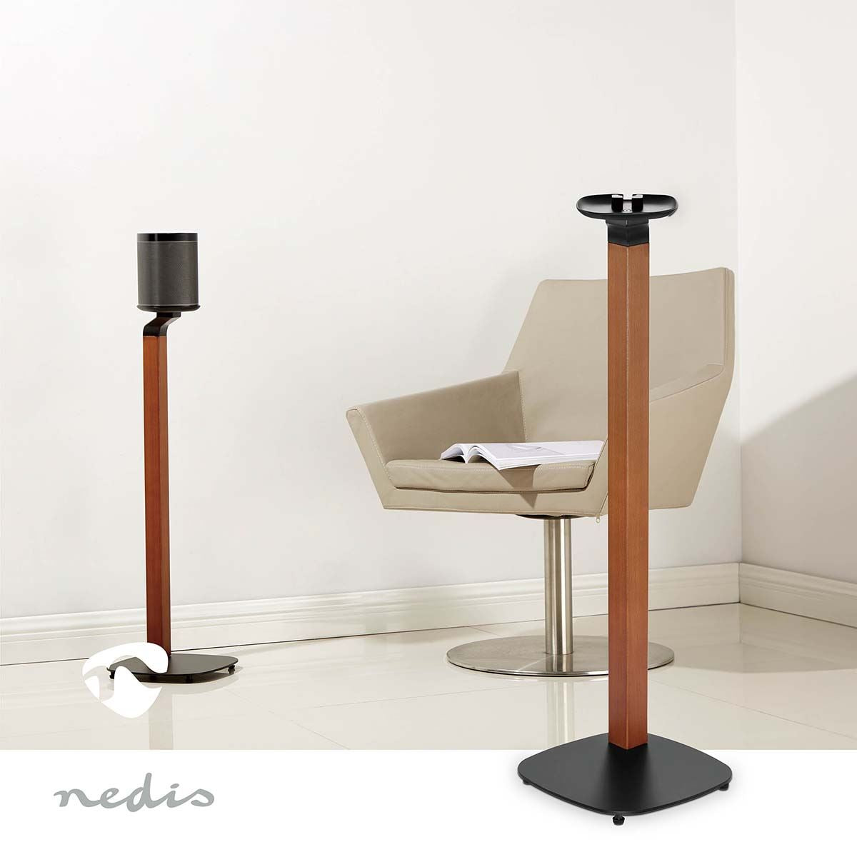 Nedis Speaker Mount Scandinavian Design, Floor Stand Compatible with Sonos One, One SL, Play:1, Sculpted Hardwood Column, Weighted Base for Stability, Powder-Coated Finish, Cable Management - Black