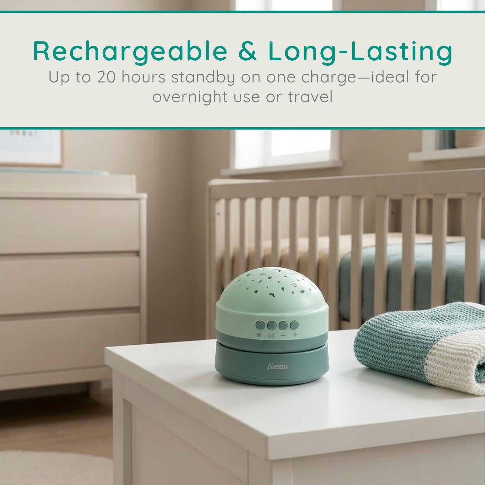 Alecto White Noise Machine, Children and Baby Sleep Aid, Natural Noise & Lullabies Sound Options - Projector Light with 2 Colour Options, Rechargeable