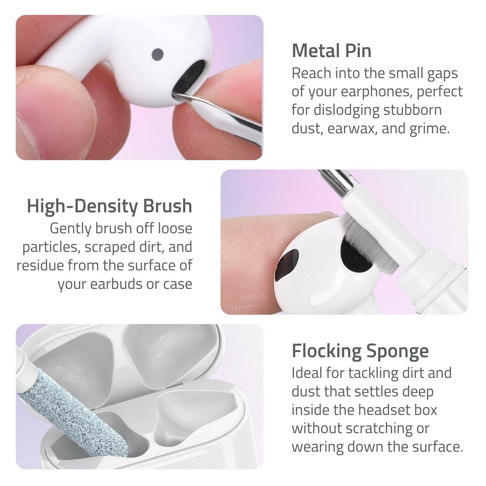 Nedis 3-in-1 Headphone Pro Cleaning Pen Kit, Multifunctional with Sponge, Brush & Metal Tip, for In-Ear Earphones & Earbuds, Phones, Electronics and More