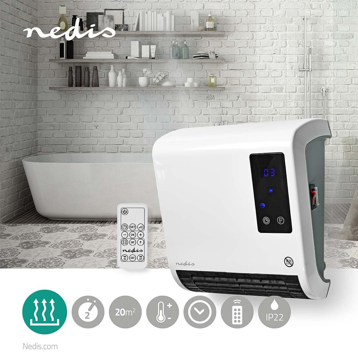 Nedis Bathroom Fan Heater, 2kW, Wall Mounted, with LED Display, 2 Heat Power Settings, 7 Day Timer and Remote Control, White