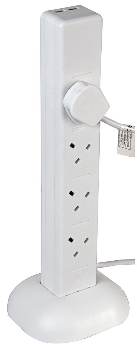 8 Gang Tower 5m Mains Extension Lead Socket 13A with USB Charge Ports - White