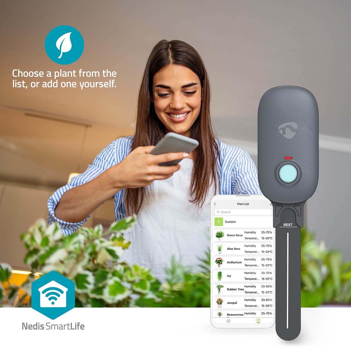Nedis Smartlife Soil Moisture Meter, Bluetooth Smart Sensor for Soil Moisture and Ambient Temperature Monitoring, Compatible with Smartlife App - Indoor/Outdoor Use - Grey