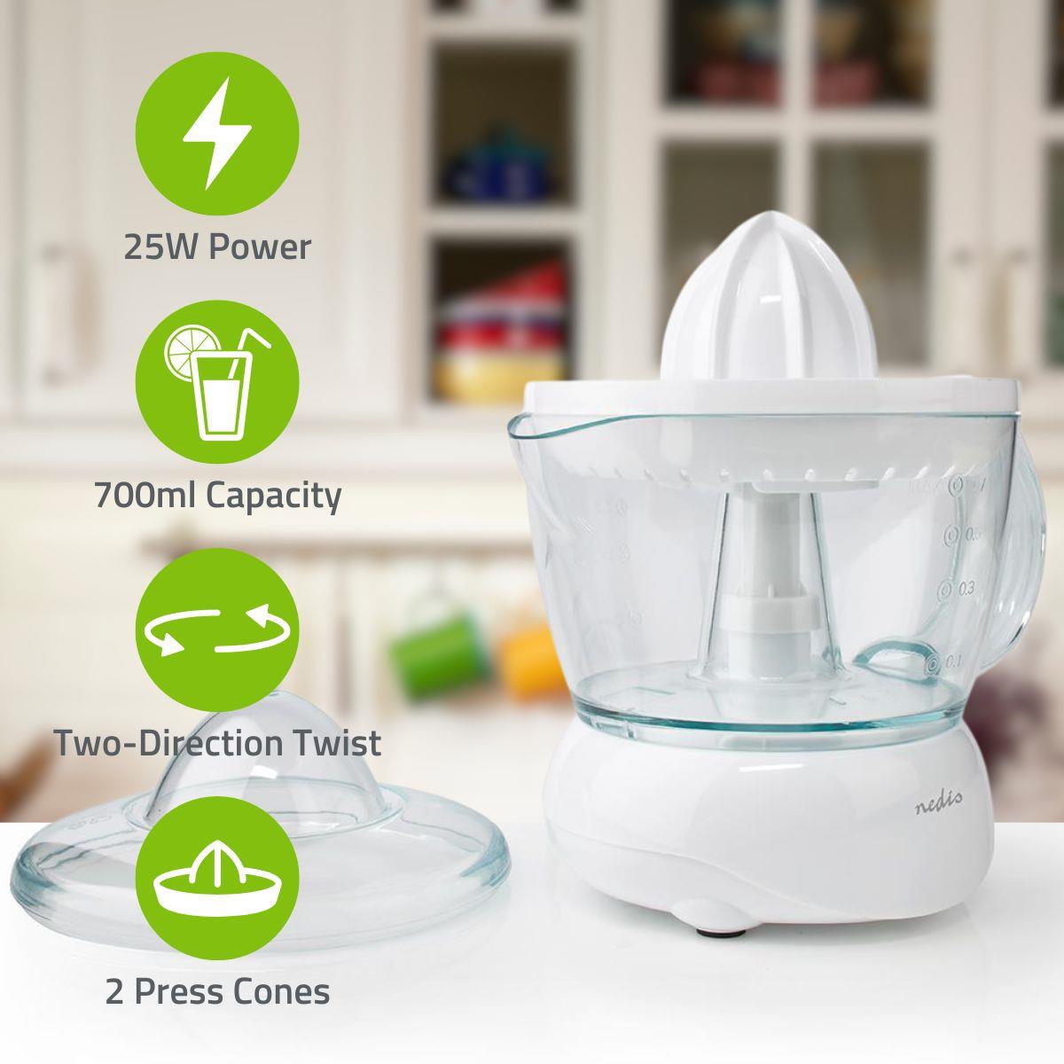 Nedis 0.7L Electric Citrus Press Juicer Squeezer, 25W Motor, with Bi-Directional Twist, 2 x Interchangeable Cones, and Easy Pour Spout