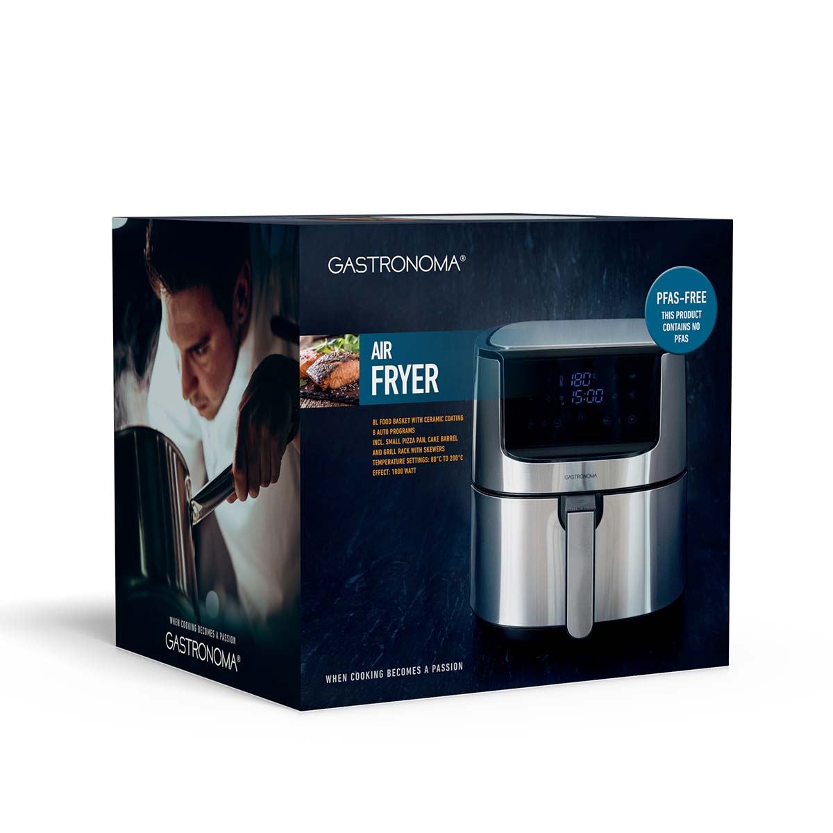 Gastronoma Digital Hot Air Fryer Large XXL 8L with 60 Min Timer, 8 Presets, Includes Cake Barrel, Pizza Pan, Grill Rack - Stainless Steel