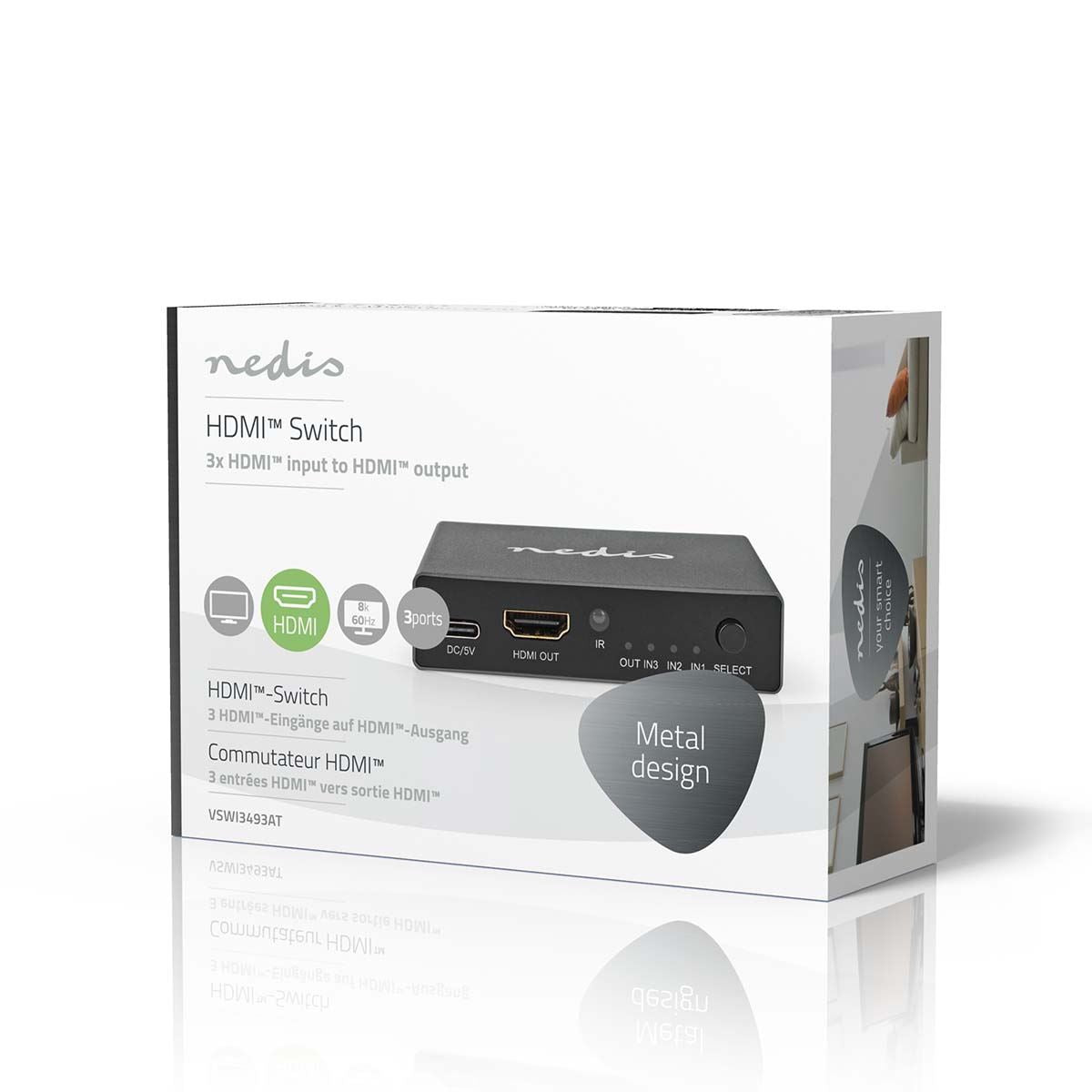 Nedis HDMI™ Switch | 3 port(s) | 3x HDMI™ Input | HDMI™ Output | 8K@60Hz | 45 Gbps | Remote controlled | Aluminium | Anthracite