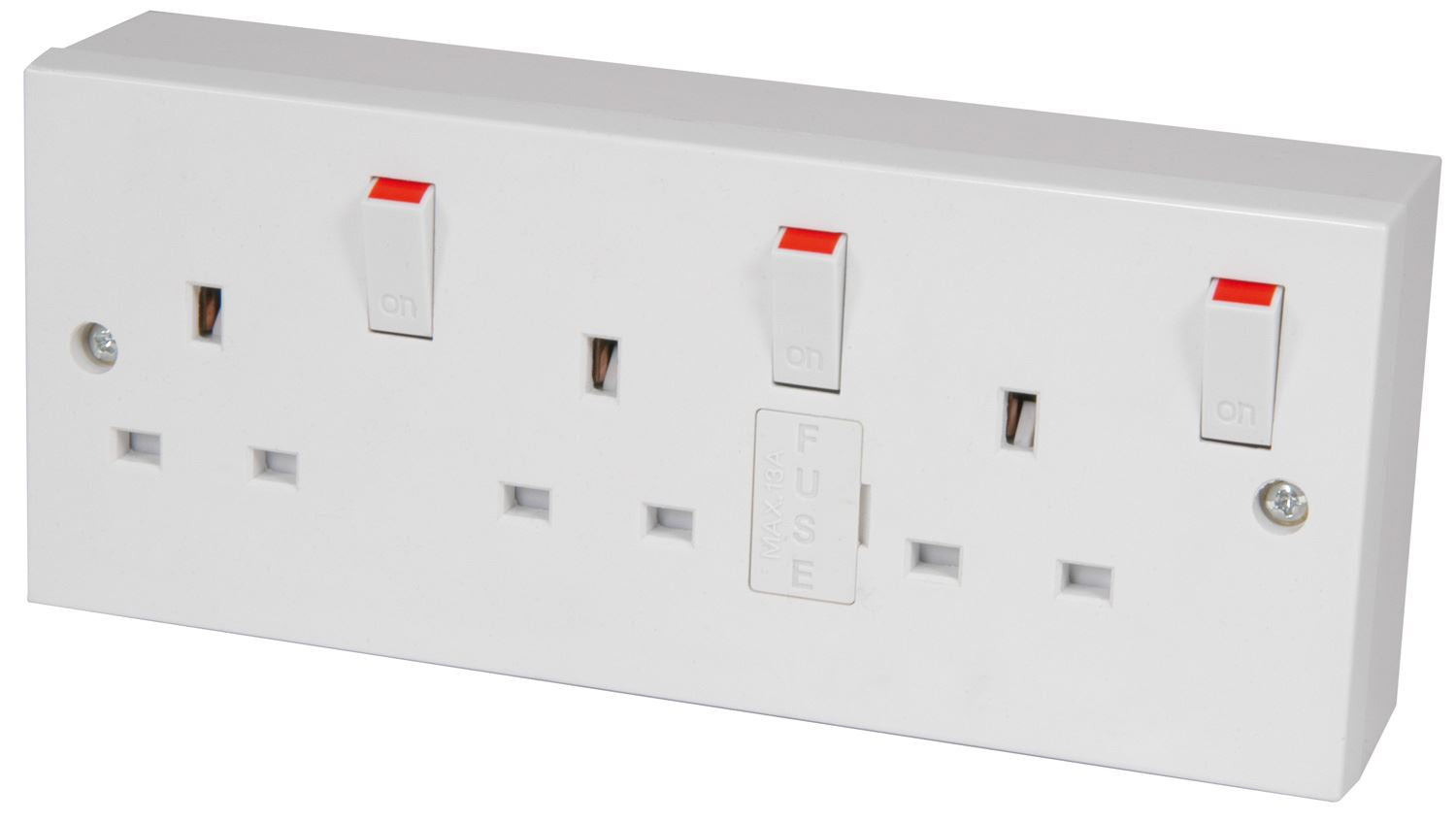 Eagle 3 Gang Switched Fused Mains Outlet 13 Amp Wall Plug Socket C/W Surface Back Box