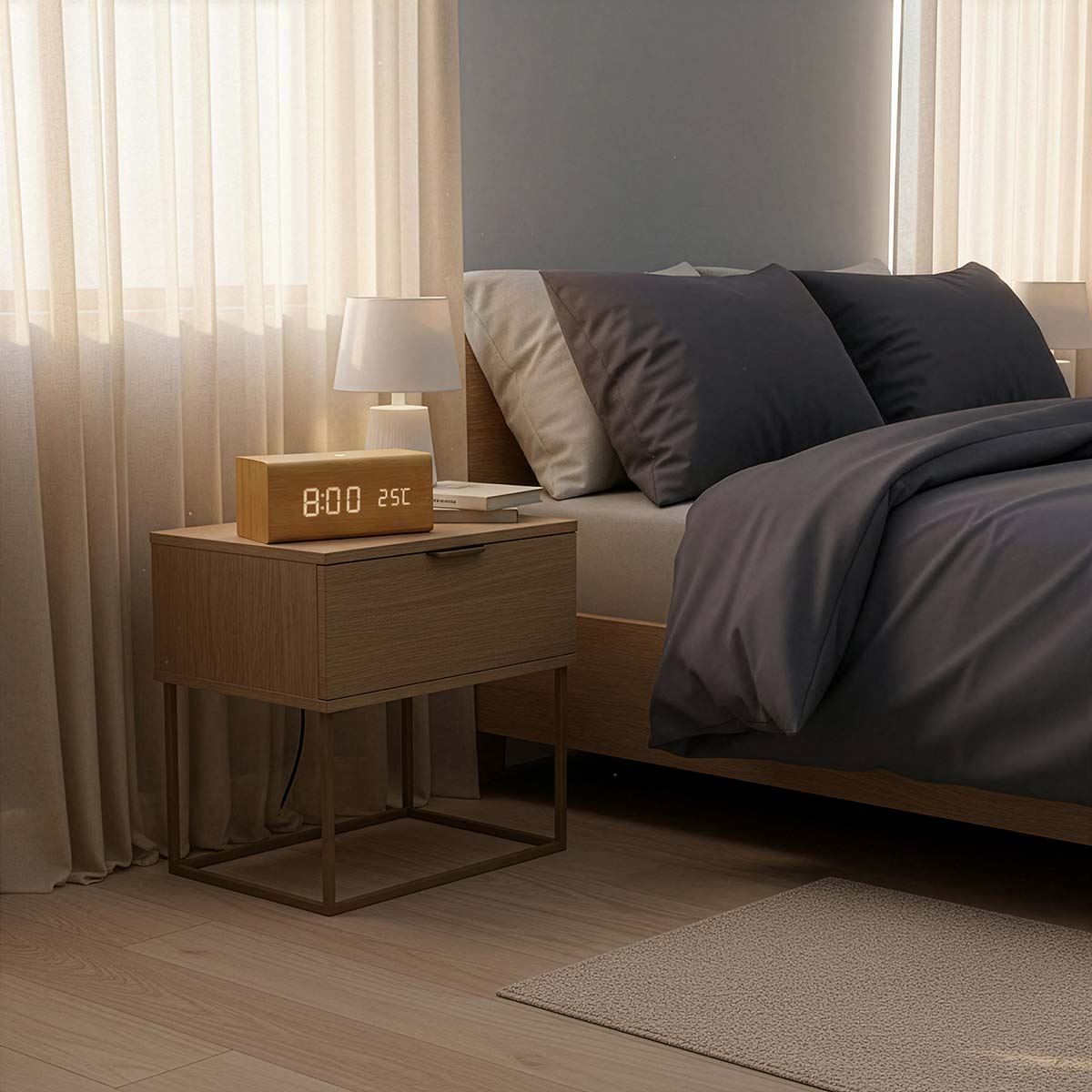 Nedis Scandi Digital Alarm FM Clock Radio | Thermometer | LED | USB-C™ Powered |Snooze function | Sleep timer | 2 Alarms | Wood