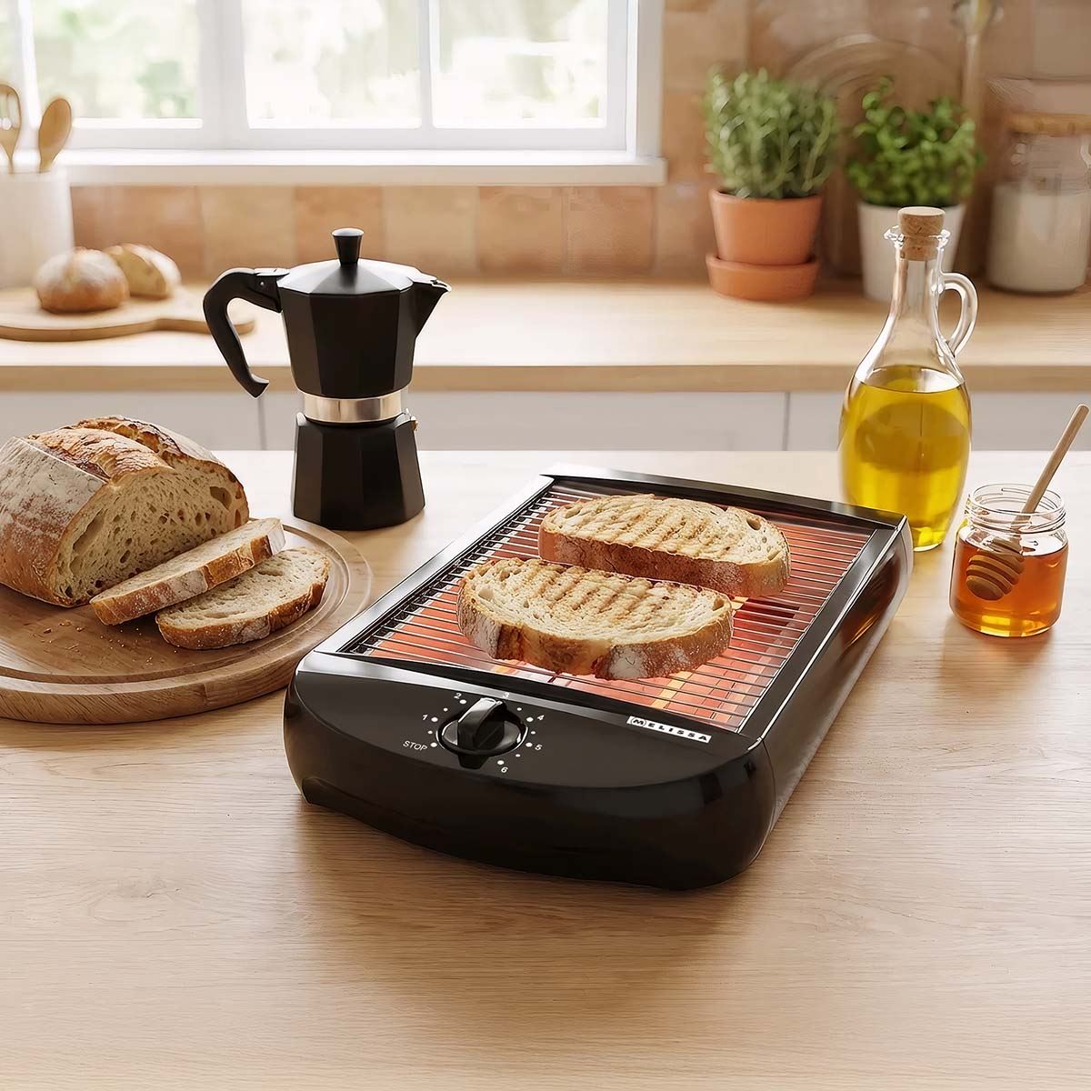 MELISSA Flat Toaster all types of Bread / Baked Goods, 600W, Timer with 6 Toast Levels, Buzzer and Crumb Tray - Black