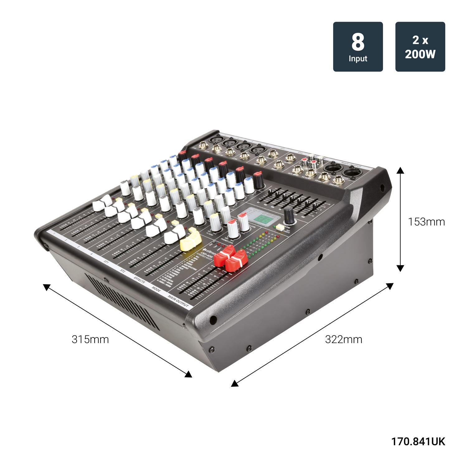 Citronic CSP Series Compact Powered Mixer With Built In Effects - 8 inputs 400W