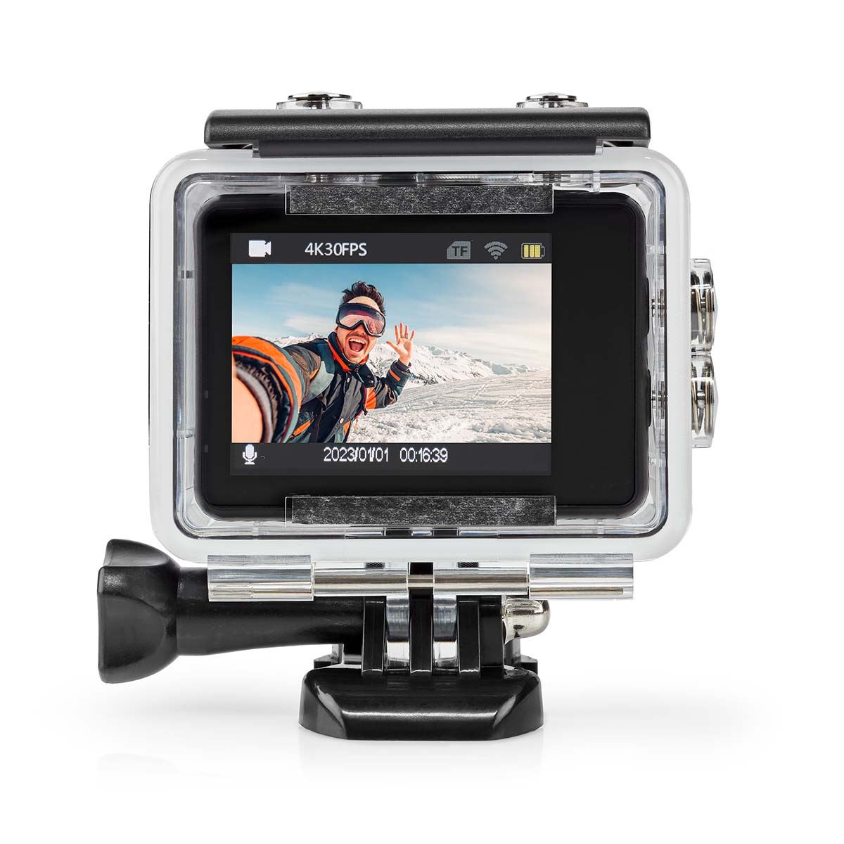 Nedis Dual Screen Action Cam, 4K Ultra HD 30fps, 16MP Photos, 2" Touch Back Screen, 1.3" Front Screen for Selfies & Vlogging, Waterproof to 30m with Mounting Kit and Wi-Fi Connectivity