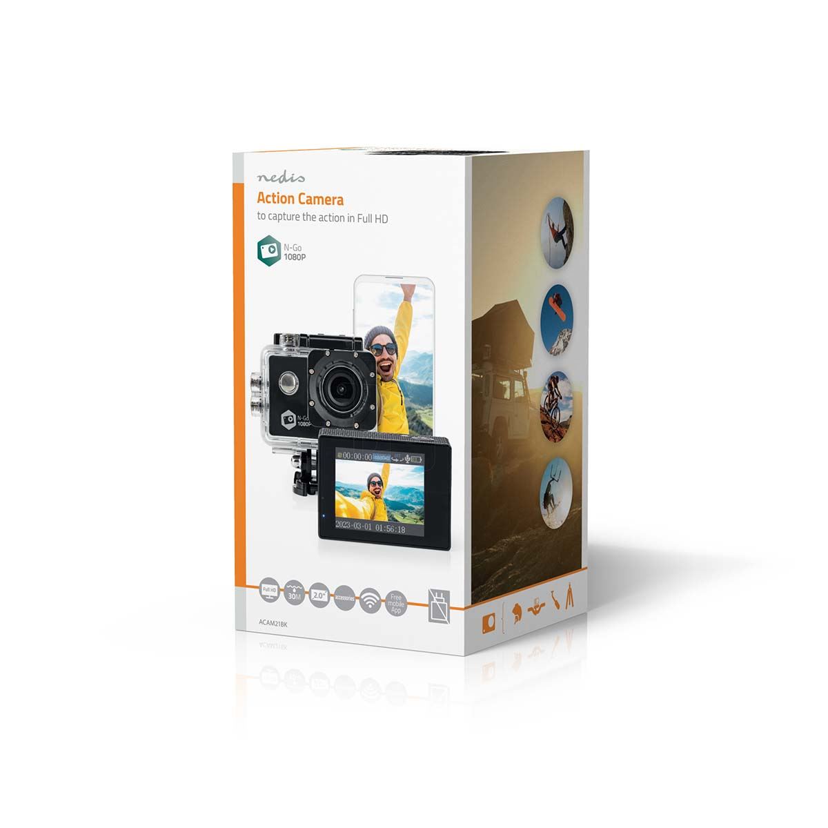 Nedis Action Cam | 1 Screen | 1080p@30fps | 12 MPixel | Waterproof up to: 30.0 m | 90 min | Wi-Fi | App available for: Android™ / IOS | Mounts included | Black