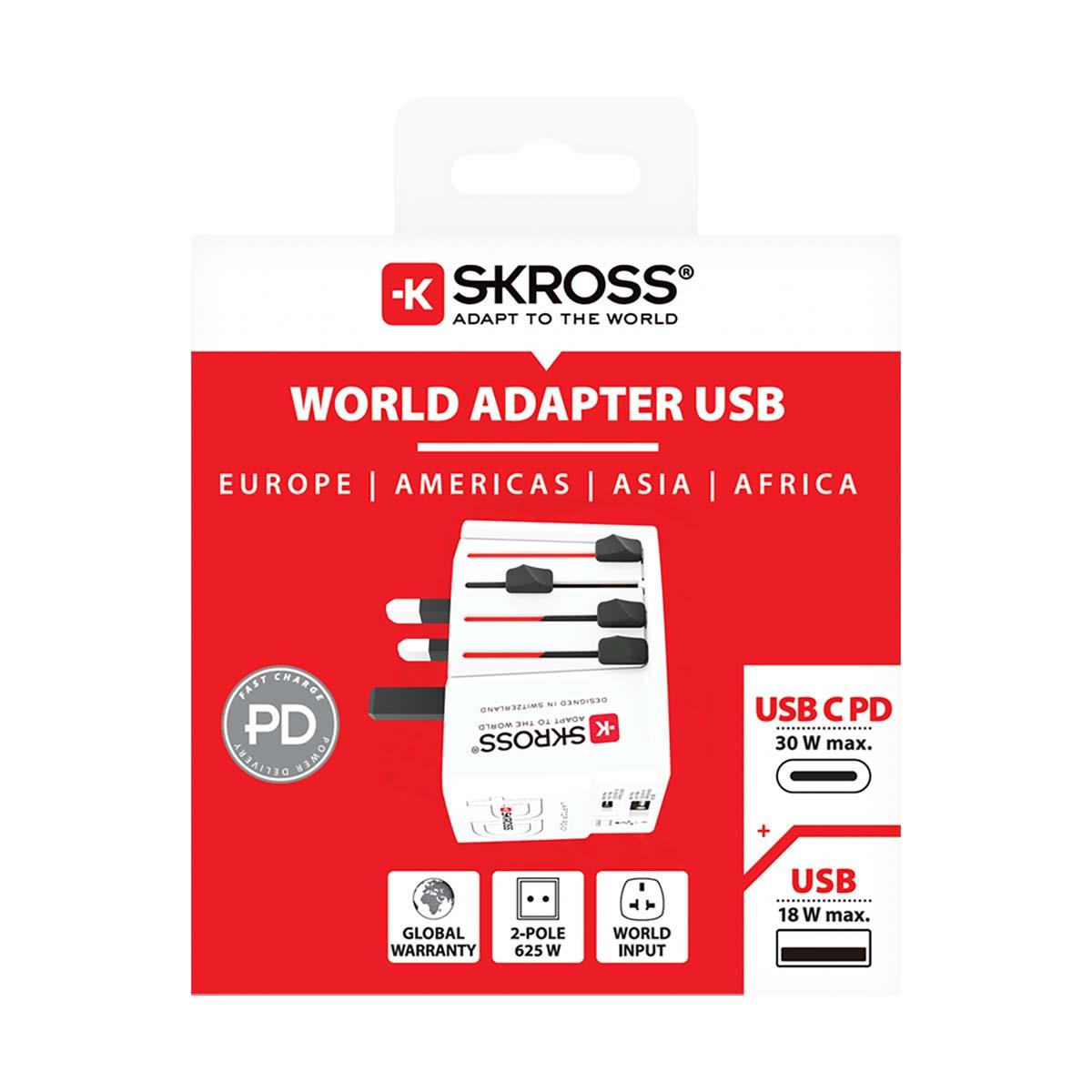 Skross Travel Adapter 2 pole World Wide with integrated Dual 30W USB Charger (1x USB C & 1 x USB) | SKR1302974