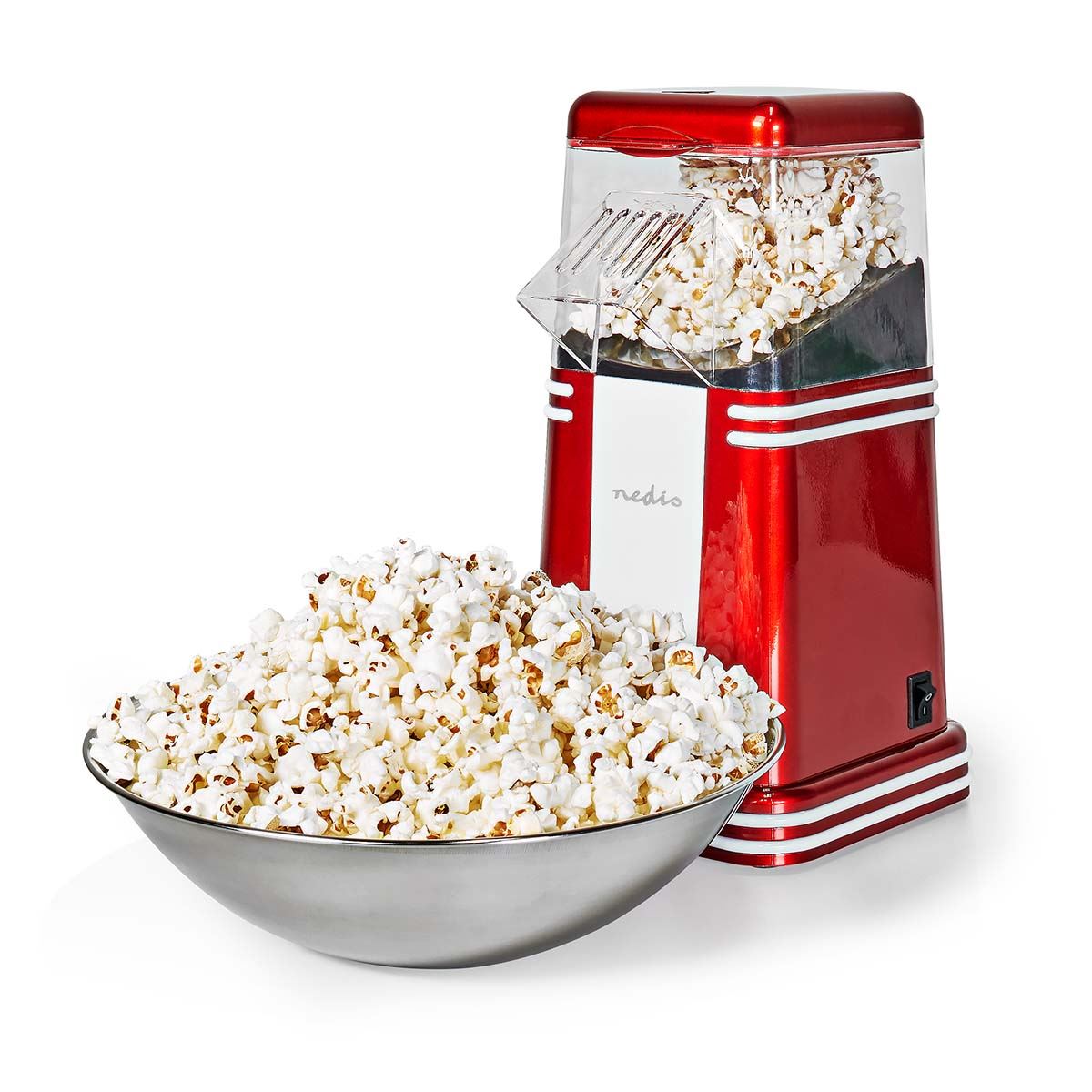 Nedis Retro Hot Air Electric Popcorn Machine 1200W Low Fat Compact Popper - Red / White