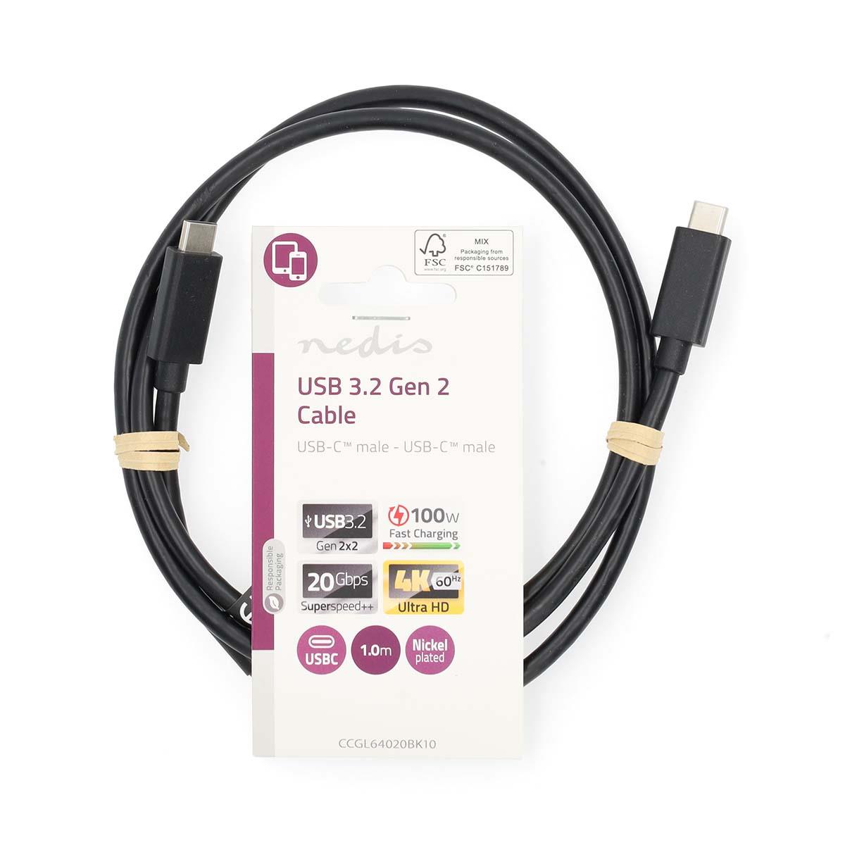 Nedis USB Cable | USB 3.2 Gen 2 | USB-C™ Male | USB-C™ Male | 100 W | 4K@60Hz | 20 Gbps | Nickel Plated | 1.00 m | Round | PVC | Black | Label