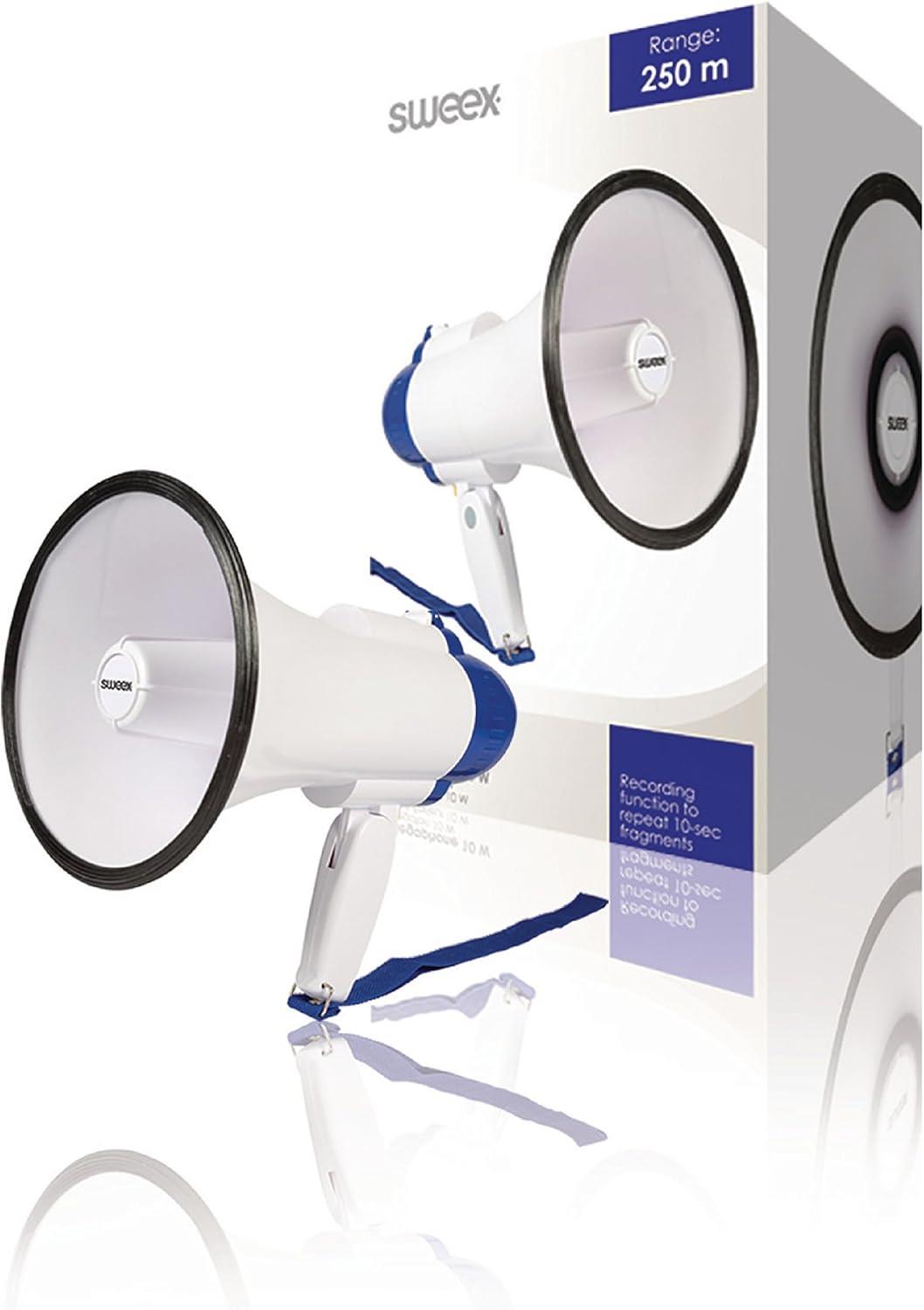 Sweex 10W Megaphone, 250m Range with Built-in Microphone, Siren, Adjustable Volume, Record Function - White & Blue