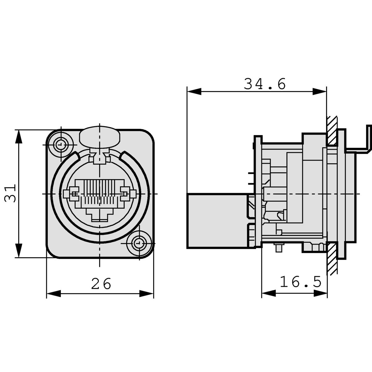 Neutrik RJ45 Feedthrough Panel Mount receptacle, D-shape Metal Flange with the latch lock