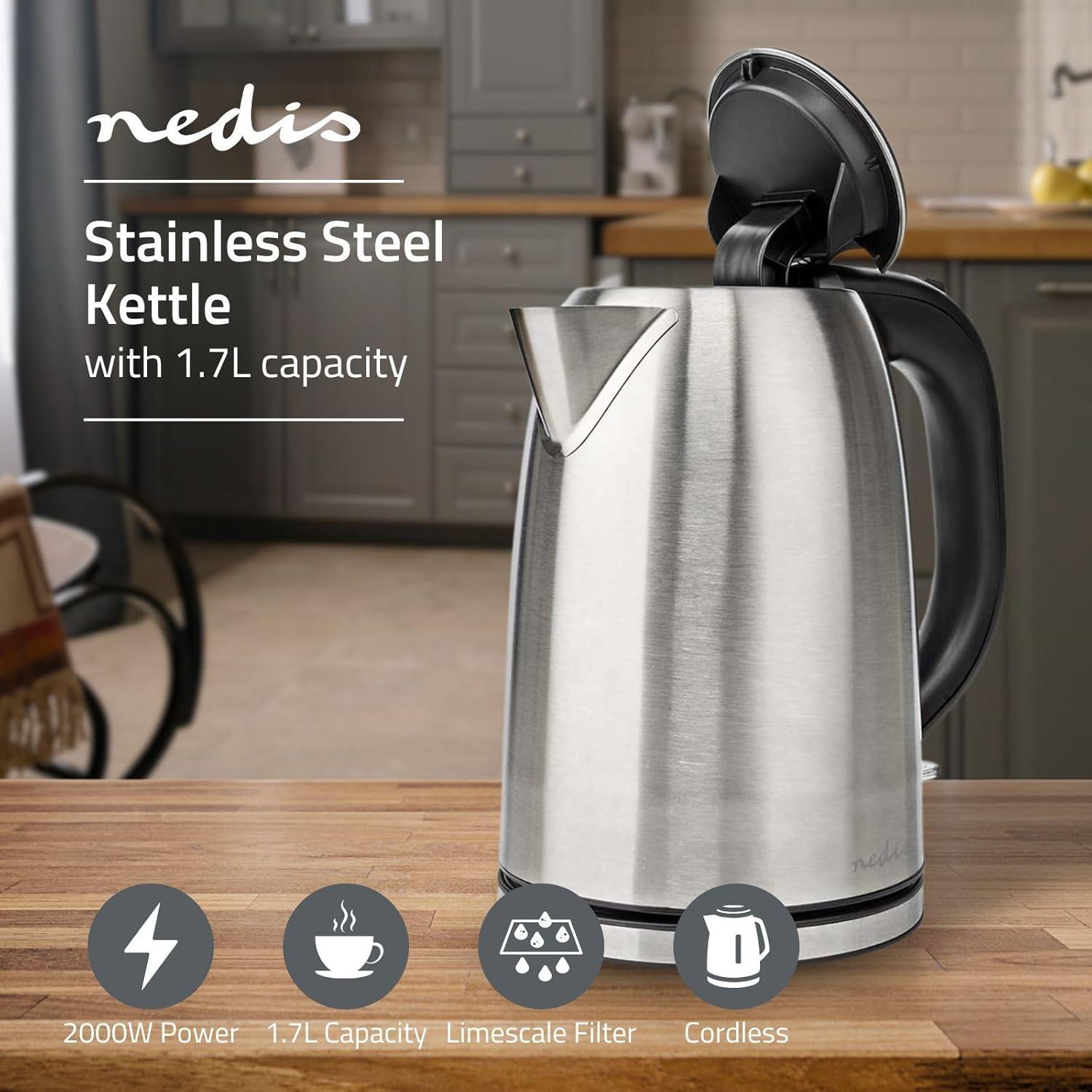 Nedis 1.7L Electric Kettle Cordless Silver 2200W Boil Dry Protection Auto Switch Off