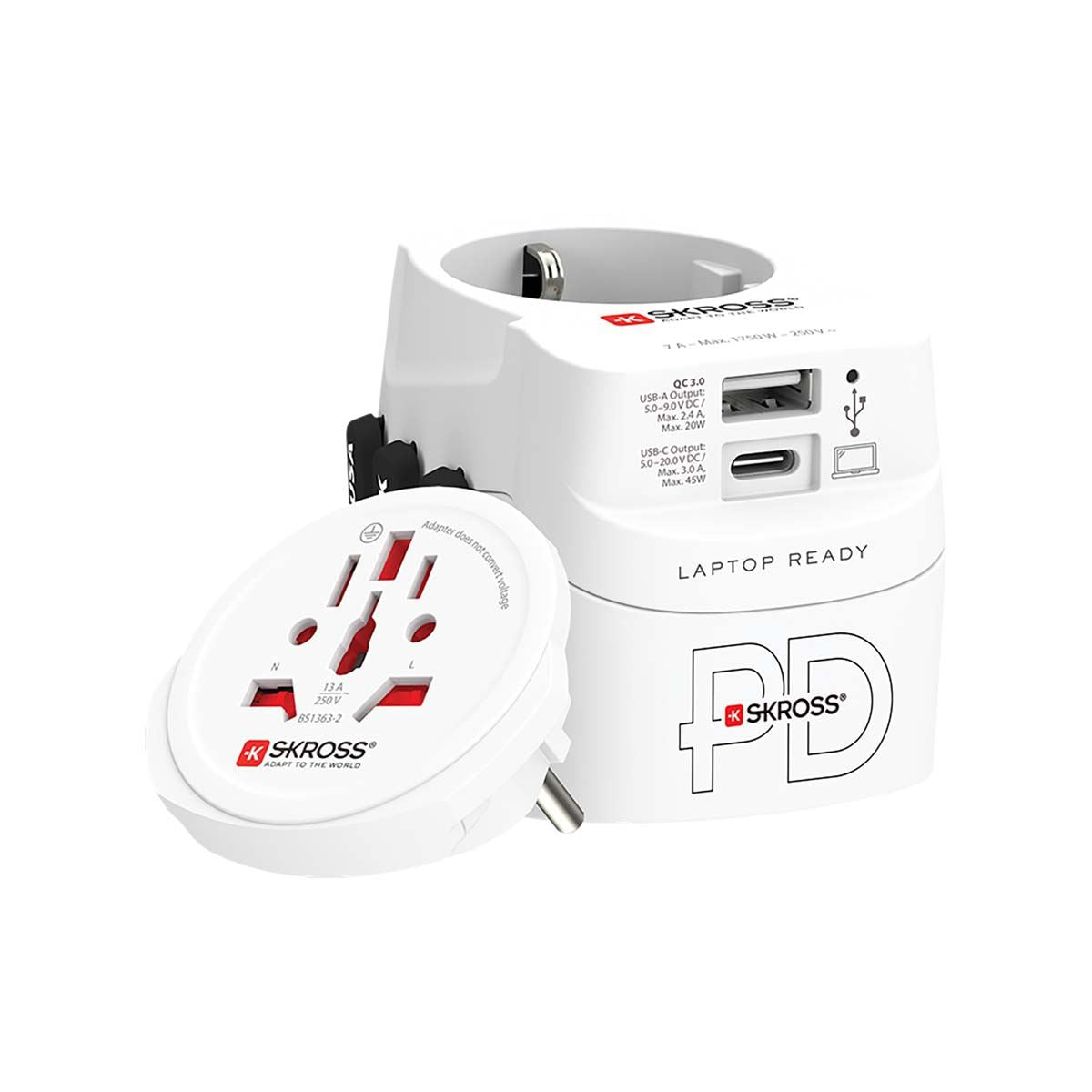 Skross Travel adapter 3-pole World Wide Earthed with integrated fast charging 45 watt PD USB charger (1 x USB C & 1 x USB) | SKR1302474