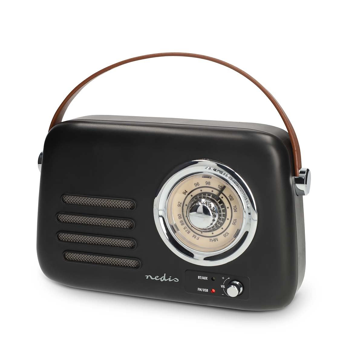 Nedis Retro FM Radio Bluetooth Portable Radio Speaker, USB Playback, AUX Input, Subwoofer Bass, Rechargeable Battery, USB-C