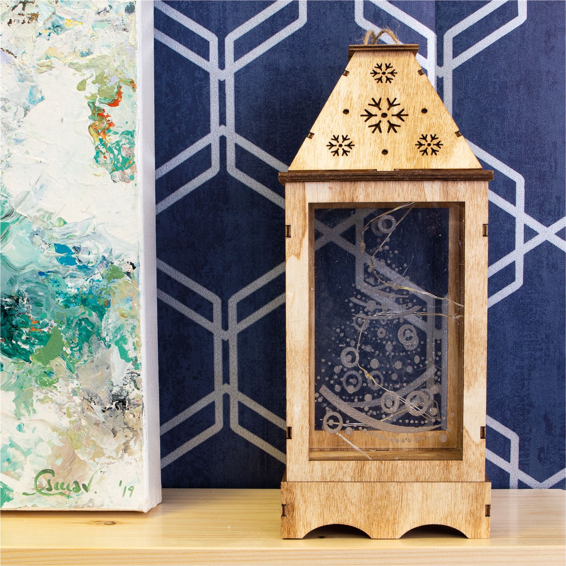 Wooden Christmas Lantern Pre-Lit with LED String Lights Battery Powered