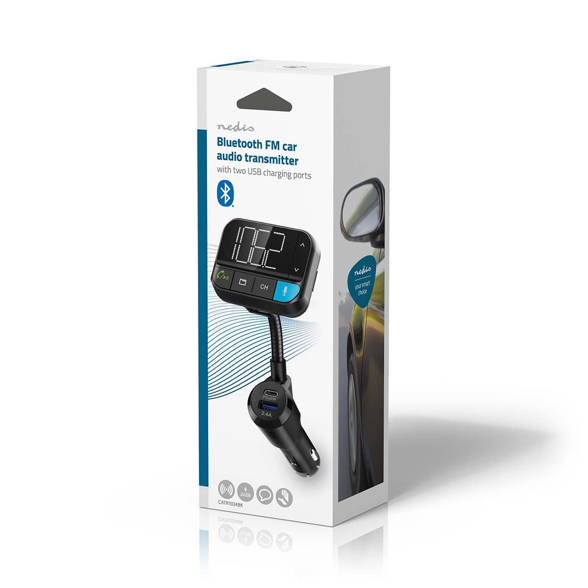 Nedis Car FM Transmitter | Gooseneck | Speakerphone | 2 " | Black White Screen | Bluetooth® | PD 20 W / QC 3.0 | Fast charging | Bass boost | Google Assistant / Siri | Black