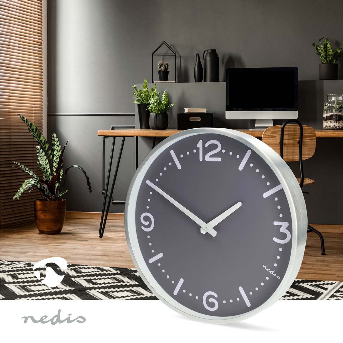 Nedis 30cm Wall Clock Silent Movement, Battery Powered -  Aluminium Silver