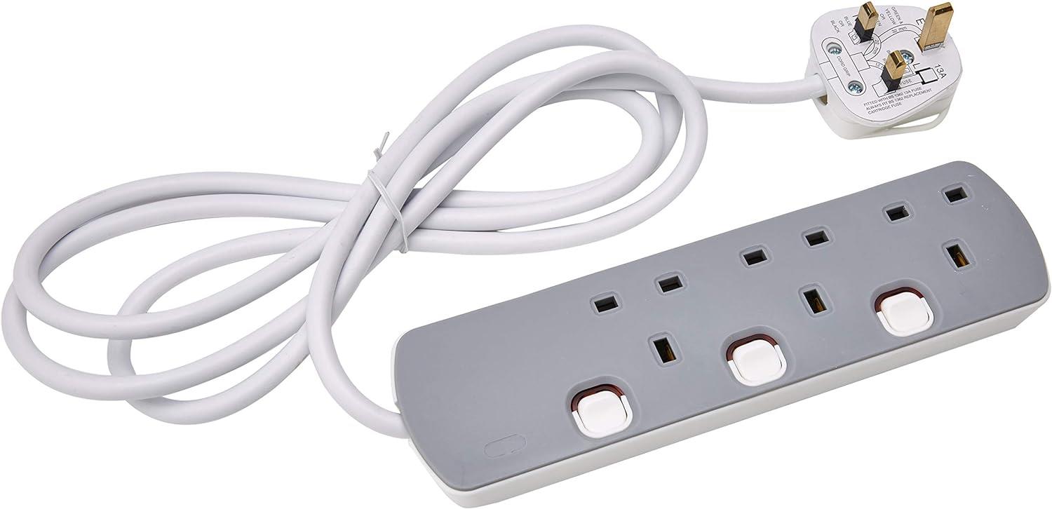 3 Gang 2m Mains Extension Lead Socket Individually Switched 13A - Grey