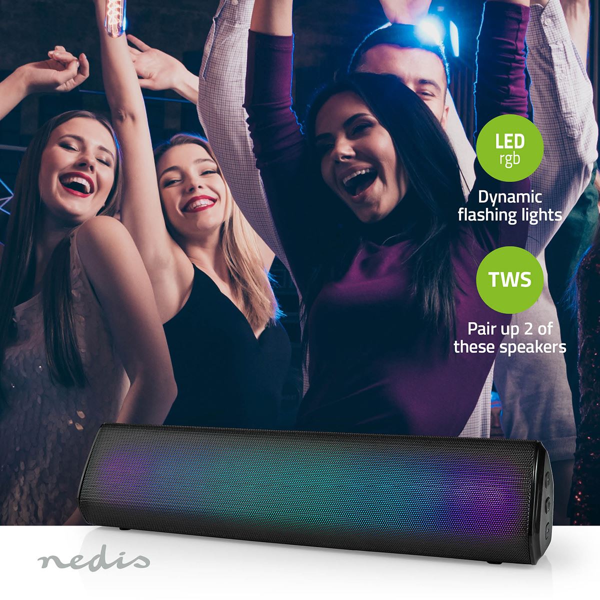 Nedis Bluetooth Speaker, 2.0 Channel 18W Wireless with RGB LED, Tilted Table Design, TWS, Built-In Mic, USB-C, Aux-In, 6-Hour Battery, Lightweight & Portable � Black