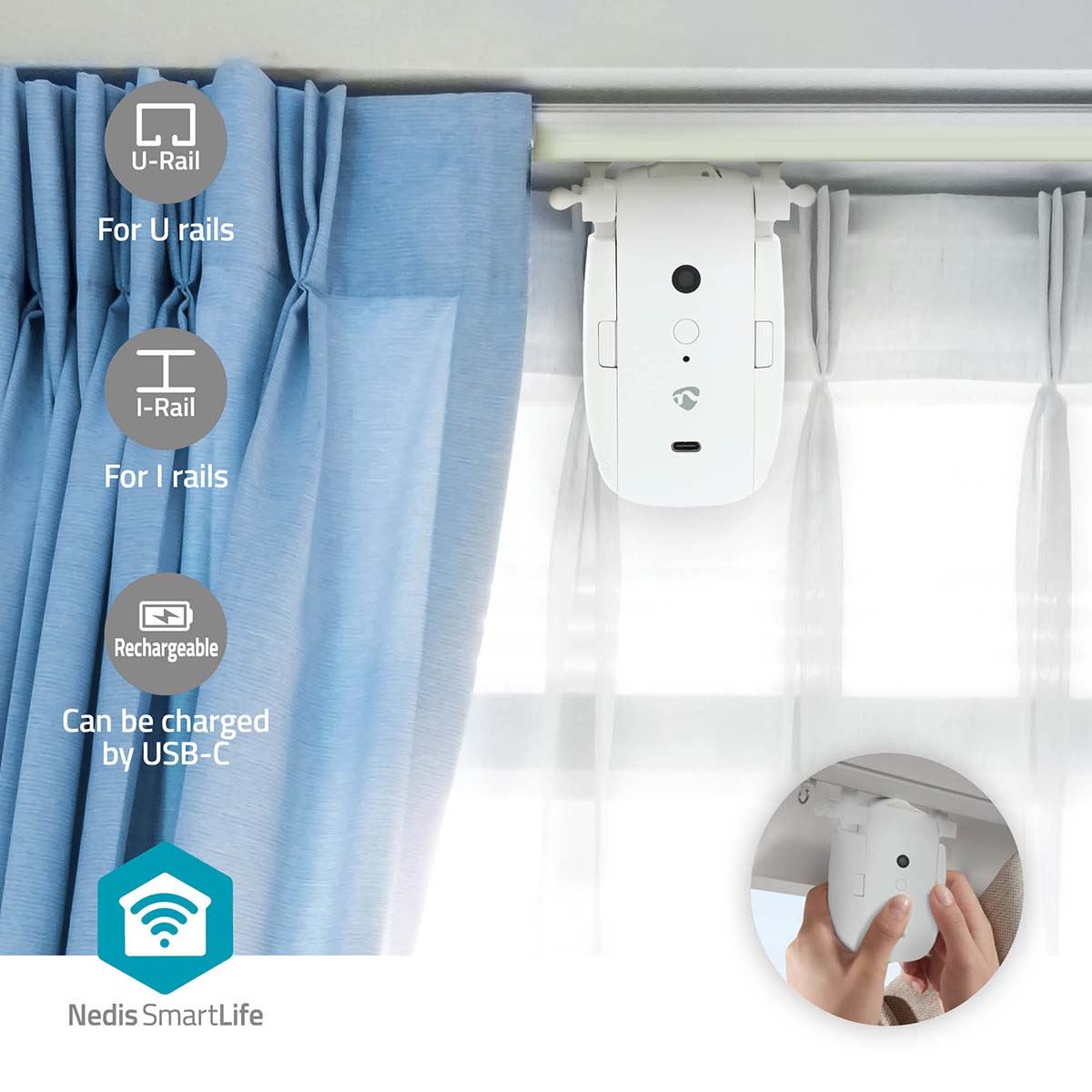 Nedis SmartLife Battery Powered / USB Powered Automatic SmartLife Curtain Robot Opener Bluetooth Cable System / U Rail  Voice Control  Timer 4000 mAh White