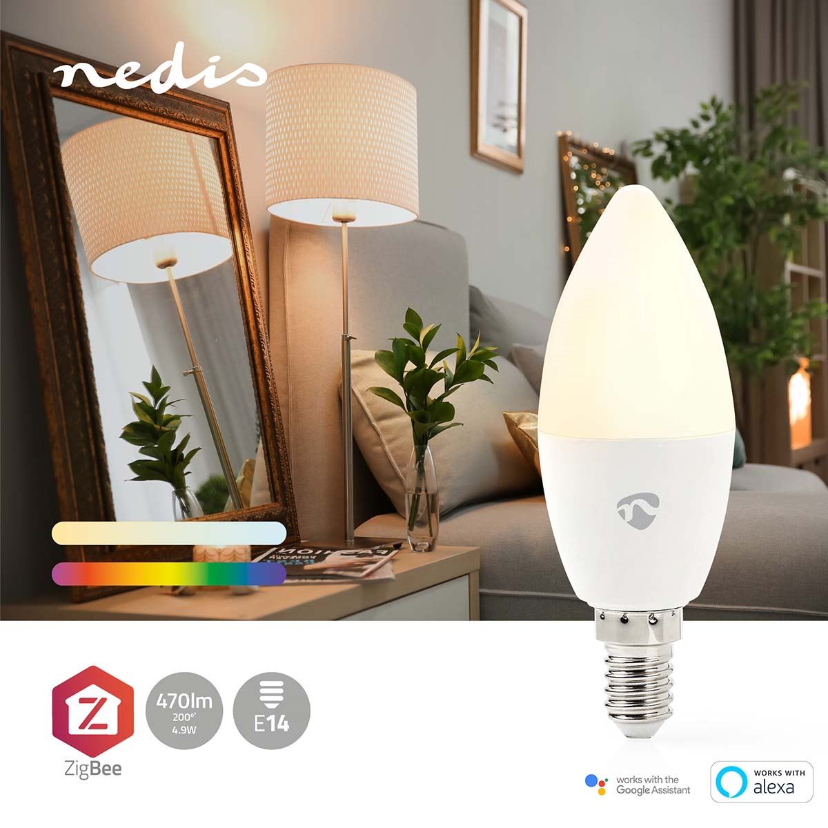 Nedis SmartLife Full Colour LED Bulb, E14 Zigbee Candle Light, Dimmable, RGB + 2200-6500K, Voice Control with Amazon Alexa & Google Home, Timer Function
