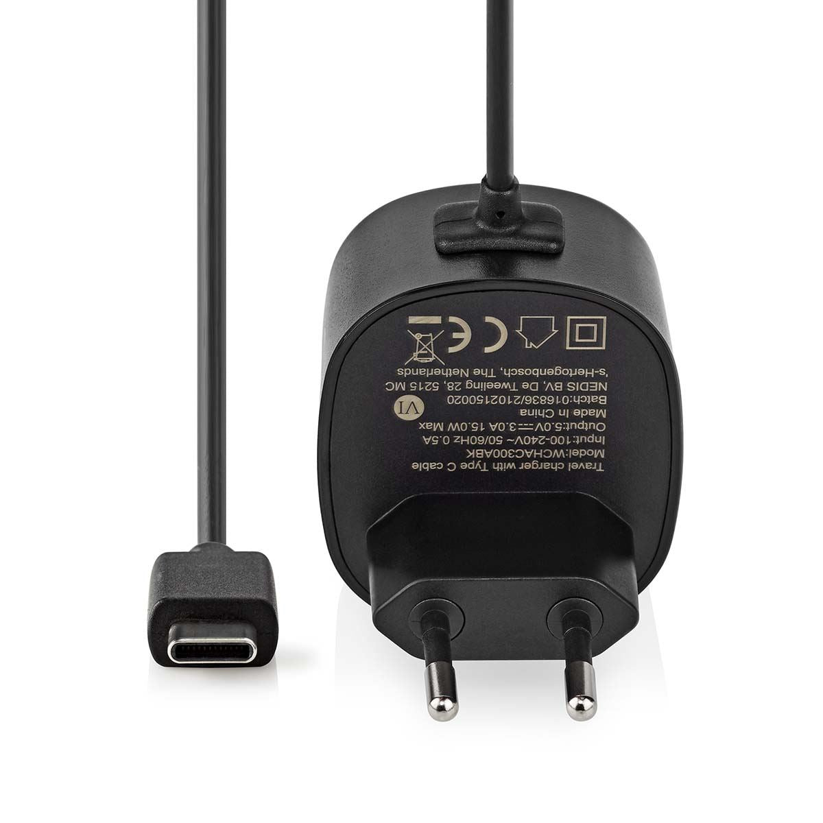 Nedis EU Euro Travel Wall Charger | 15 W | Quick charge feature | 1x 3.0 A | Number of outputs: 1 | USB-C™ (Fixed) Cable | 1.50 m | Single Voltage Output | Black