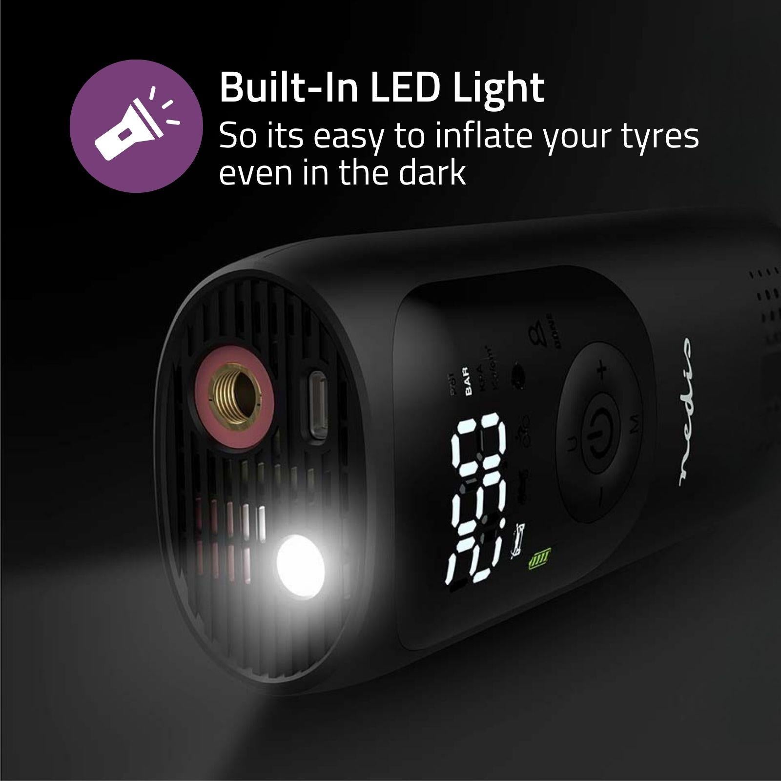 Nedis Portable Tyre Inflator, Rechargeable Air Compressor with Digital Display, LED Torch, 150 PSI Max Pressure, USB-C Charging, for Car, Bike, Motorcycle, Footballs, Inflatables & More