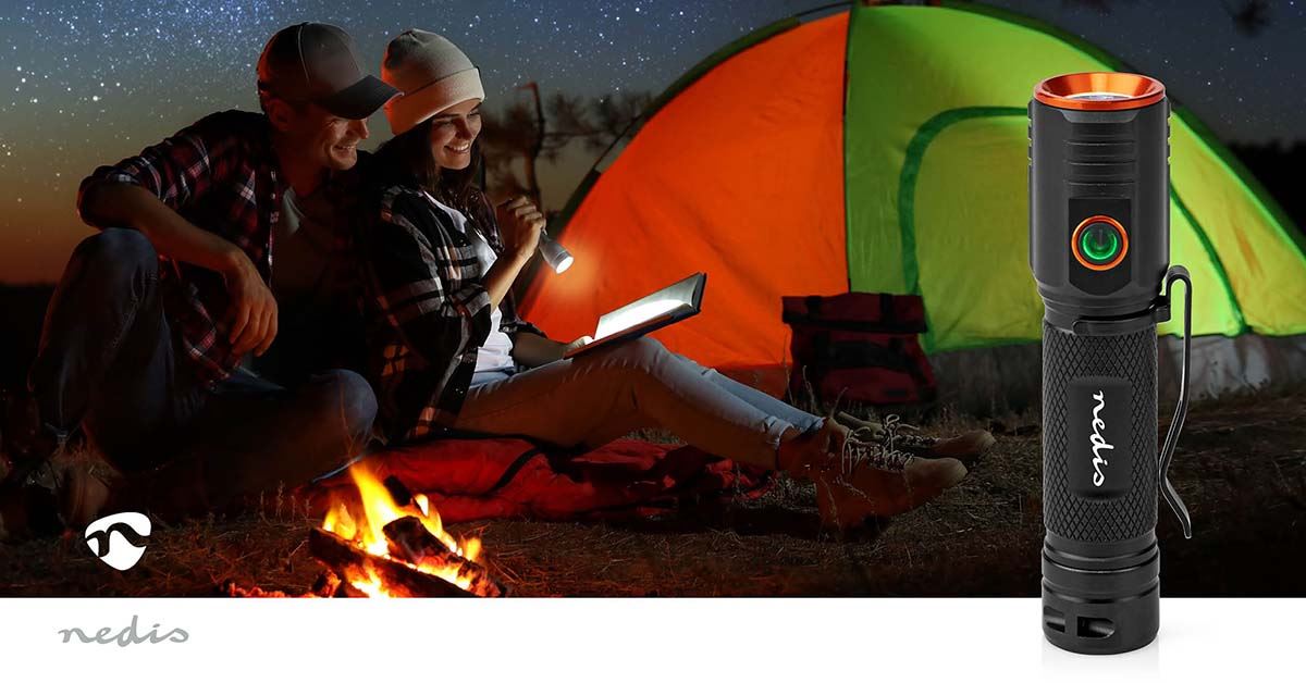 Nedis LED Torch Rechargeable, 20W Compact Flashlight with USB-C Charging, Practical Clip, IPX6 Water-Resistant, 2000 Lumen Beam up to 180m